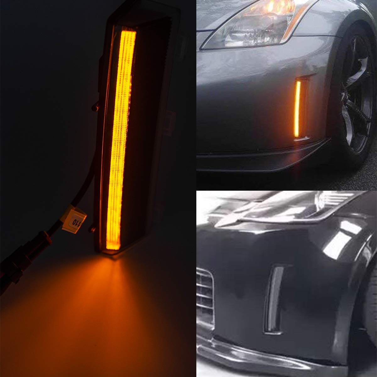 NJSBYL 350z Front Bumper Reflector Replacement - White LED DRL & Amber Turn Signal Kit for 2006-2009 Nissan 350z (LCI Model) - Smoked Lens Z33 DRL Reflectors 26145CF40A - Perfect for Night Driving & Enhanced Vehicle Visibility
