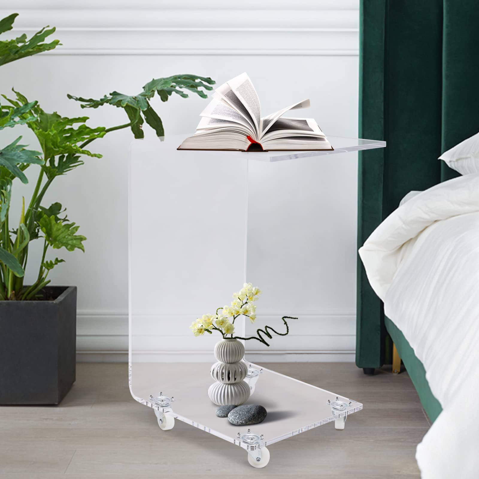 Clear Acrylic C-Shaped Rolling Table with 4 Wheels - 13x15x23 Inch Removable Transparent Bedside Table, Multipurpose Sofa Desk & Snack Tray - Perfect for Living Room, Bedroom, Office & Small Space Furniture