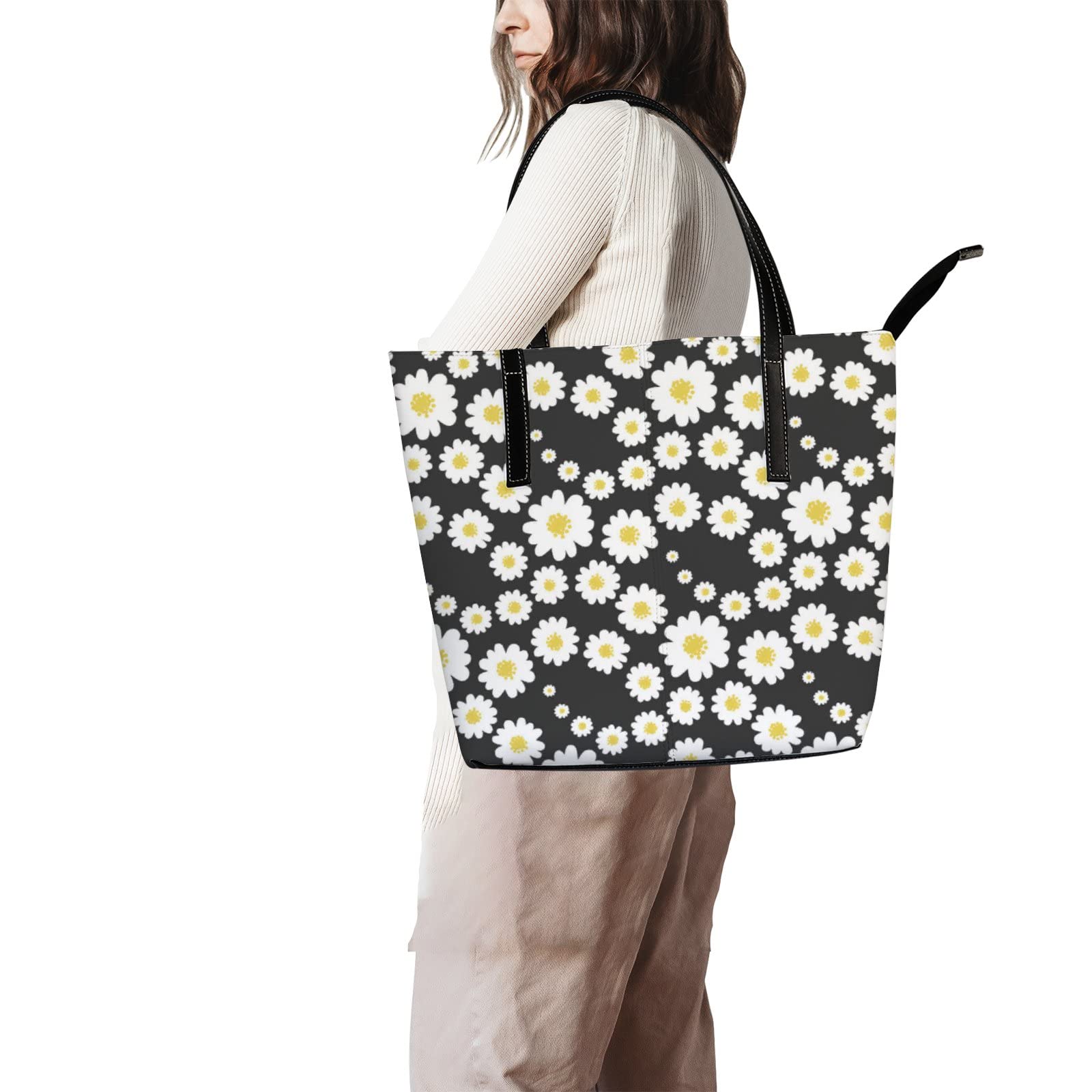 Elegant White Chrysanthemum Floral Leather Tote Bag for Women - Stylish Crossbody Work Handbag with Zipper | Perfect for Office, Travel & Daily Use