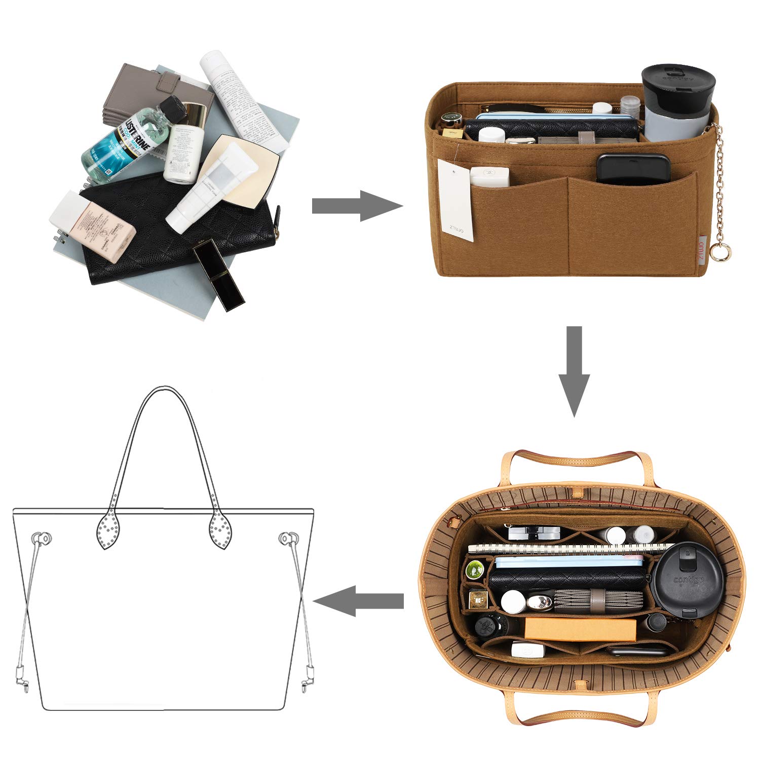 Premium Felt Purse Organizer Insert with Zipper & Sewn Bottom - Perfect Fit for Louis Vuitton Speedy, Neverfull, Graceful Bags (6 Size Options) - Keep Your Handbag Neat & Organized for Work, Travel & Daily Use