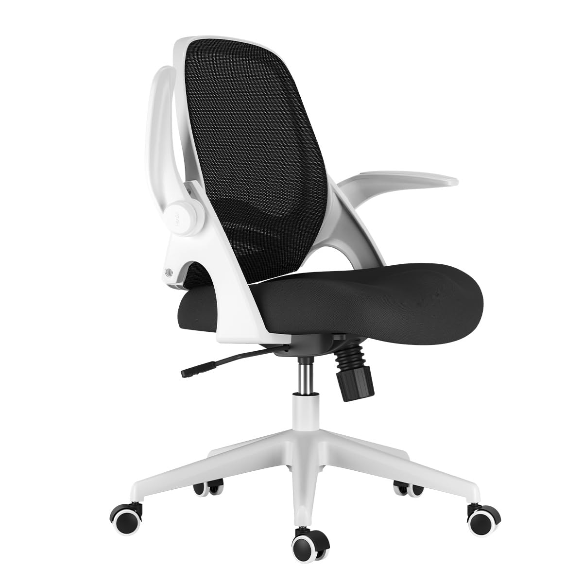 Hbada Ergonomic Office Chair with Flip-Up Armrests & S-Shaped Backrest - Adjustable Swivel Mesh Desk Chair with Saddle Cushion, White - Perfect for Home Office, Gaming & Workspace Comfort