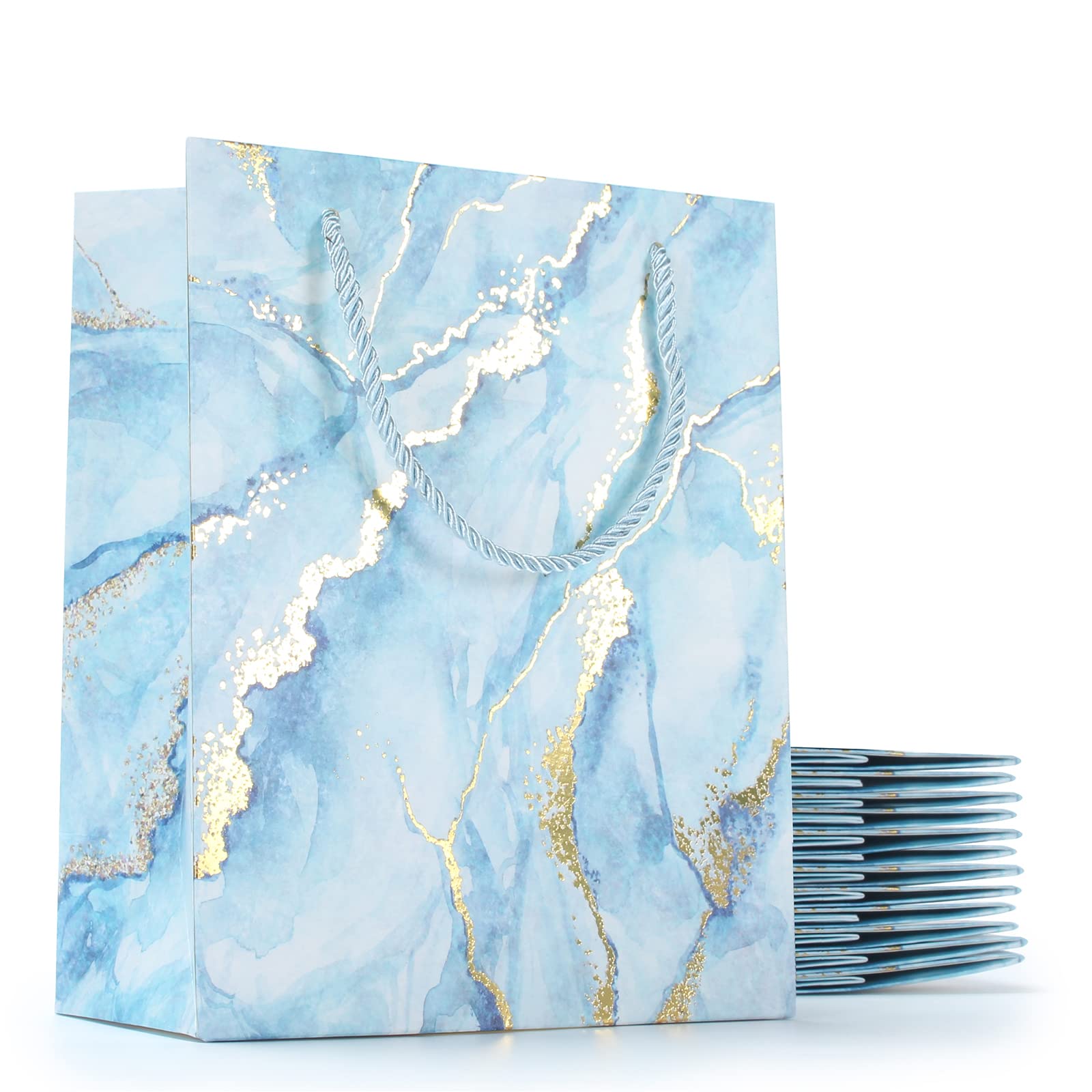 YACEYACE 12Pcs Blue Marble Pattern Gift Bags with Handles & Gold Foil - 7x3.9x9 Inch Party Favor Bags for Birthday, Anniversary, Wedding, Baby Shower & Special Occasions
