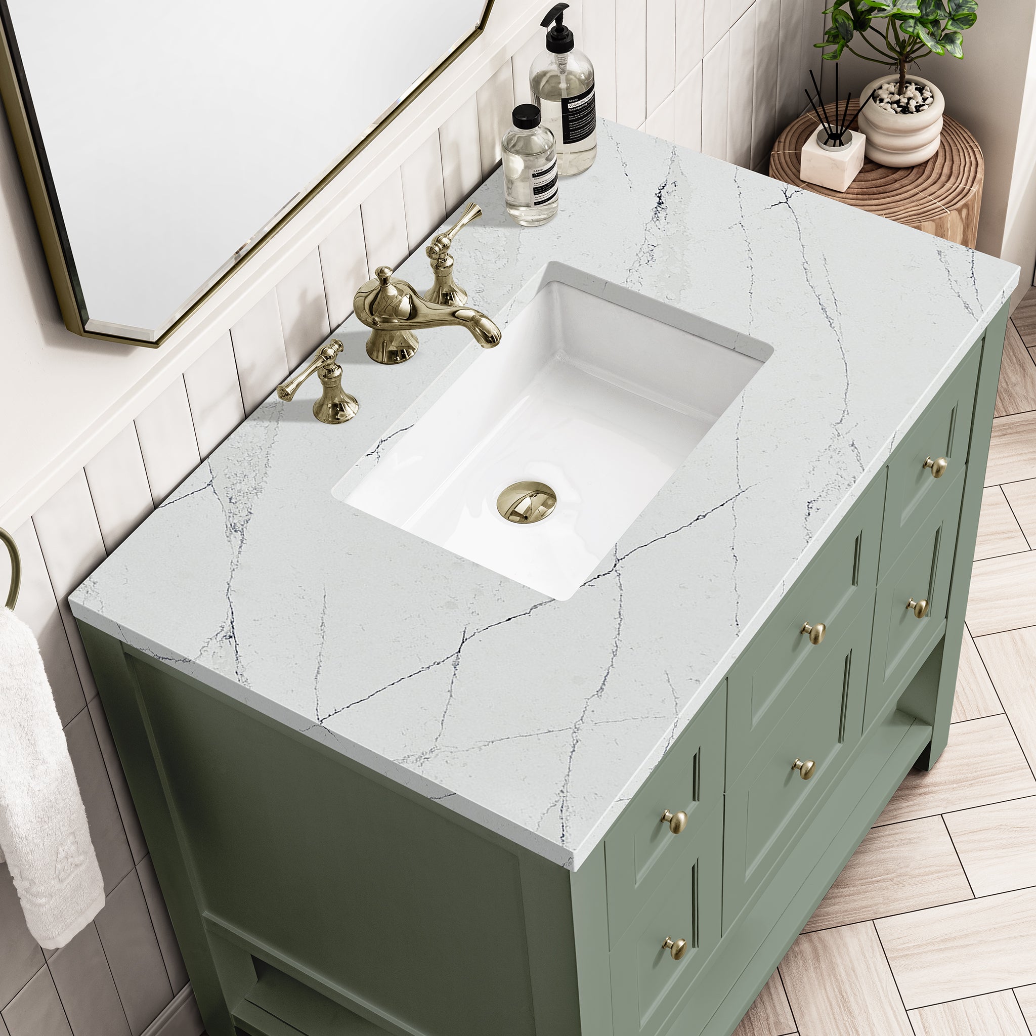 Breckenridge 36 Inch Single Bathroom Vanity with Smokey Celadon Finish and 3CM Ethereal Noctis Quartz Top - Perfect for Modern Home Bathroom Renovation and Space-Saving Design