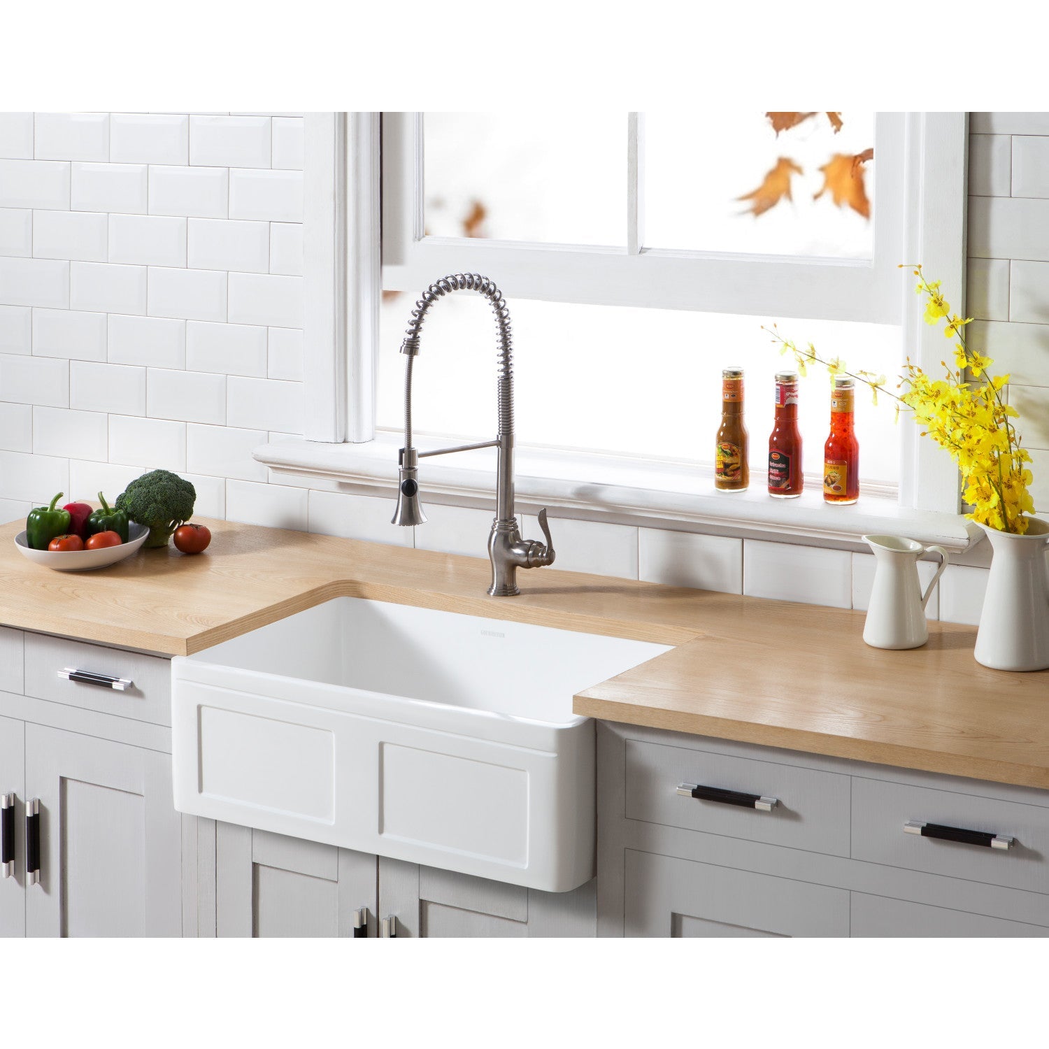 Arcticstone 30 Inch White Farmhouse Kitchen Sink with Deck Mount Faucet & Strainer - Single Bowl Apron Front Sink in Polished Nickel - Perfect for Rustic & Modern Kitchens, Renovations & DIY Projects