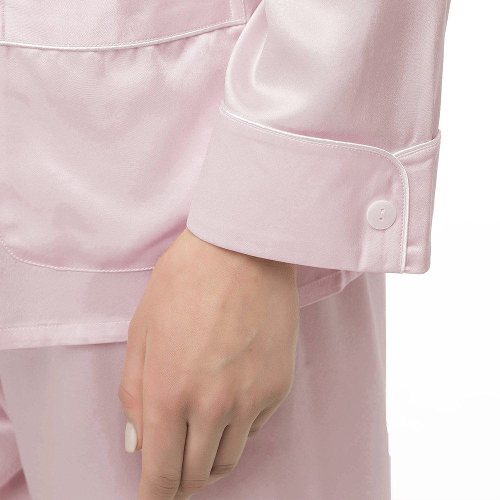 LilySilk Women's Long Sleeve Silk Pajama Set - V Neck Notched Collar with White Trim - Luxurious Sleepwear for Comfortable Nights & Relaxing Evenings at Home