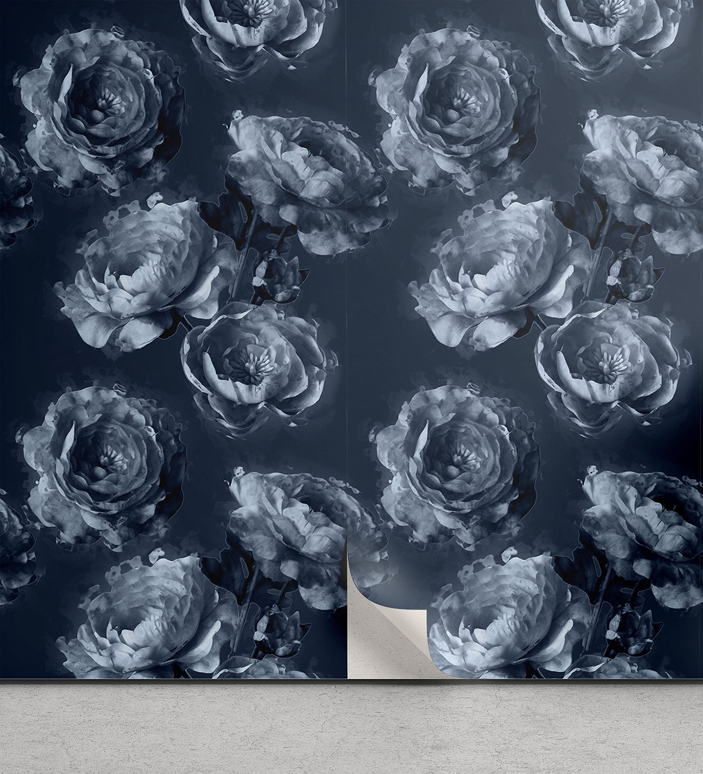 Ambesonne Floral Peel and Stick Wallpaper - Vintage Peony Blossom Design in Cool Tones, Self-Adhesive Wall Decor for Living Room, Kitchen, Bedroom (13