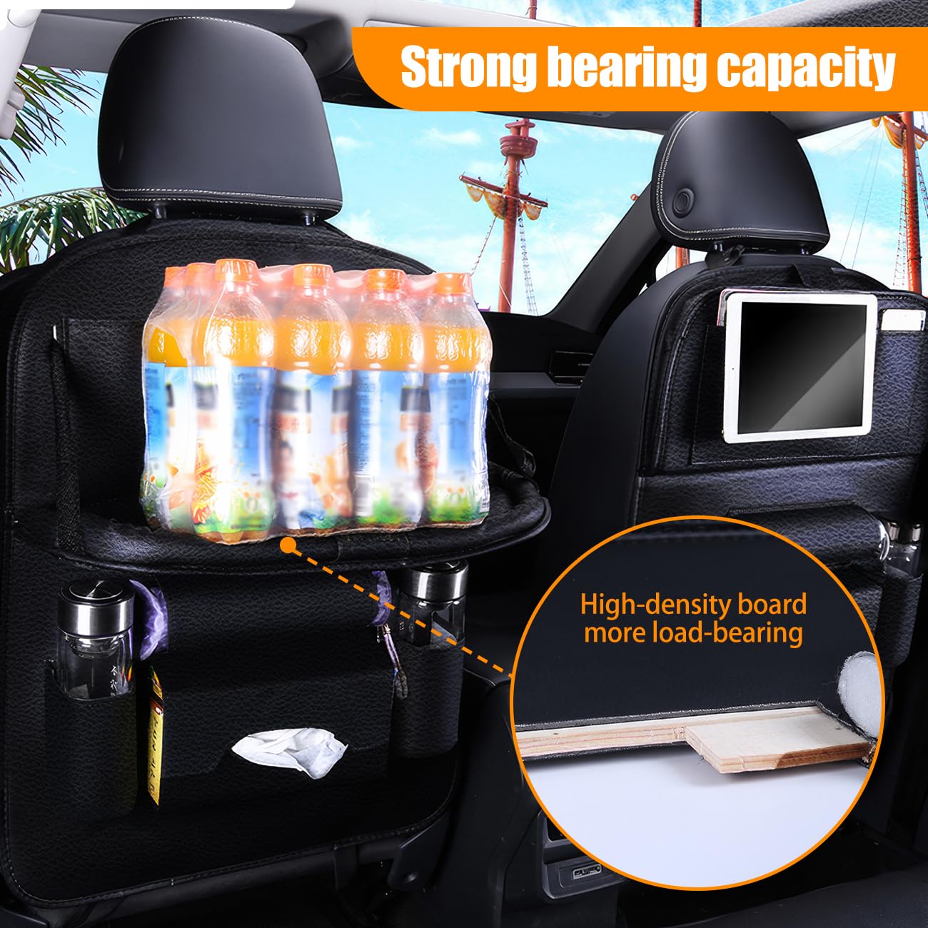 Premium Car Backseat Organizer with Tablet Holder - 2 Pack Leather Seat Organizers with 9 Storage Pockets for Kids Travel, Road Trips & Family Vacations - Perfect for Toys, Snacks, Books & Electronics