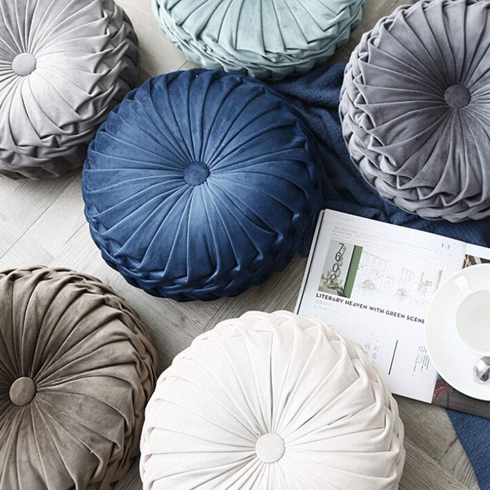 Velvet Round Filled Cushion - Pleated Scatter Pillow for Sofa, Chair, Bed & Car Decor - Soft Home Decorative Throw Pillow (Gray) - Perfect for Living Room, Nursery & Office Comfort