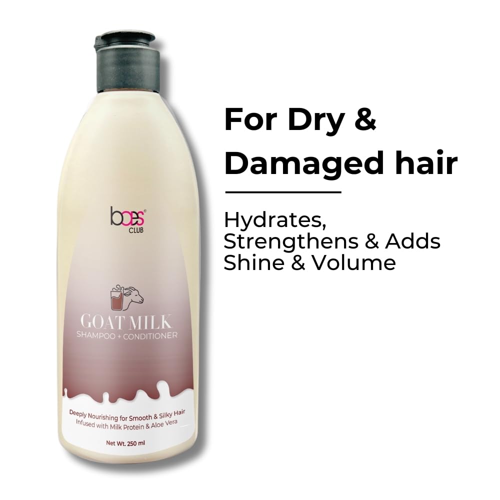 Baes Club Goat Milk 2-in-1 Shampoo & Conditioner with Hydrolyzed Milk Protein & Aloe Vera - Moisturizing Treatment for Dry, Damaged Hair (250ml) | Perfect for Daily Hair Care & Post-Color Treatment
