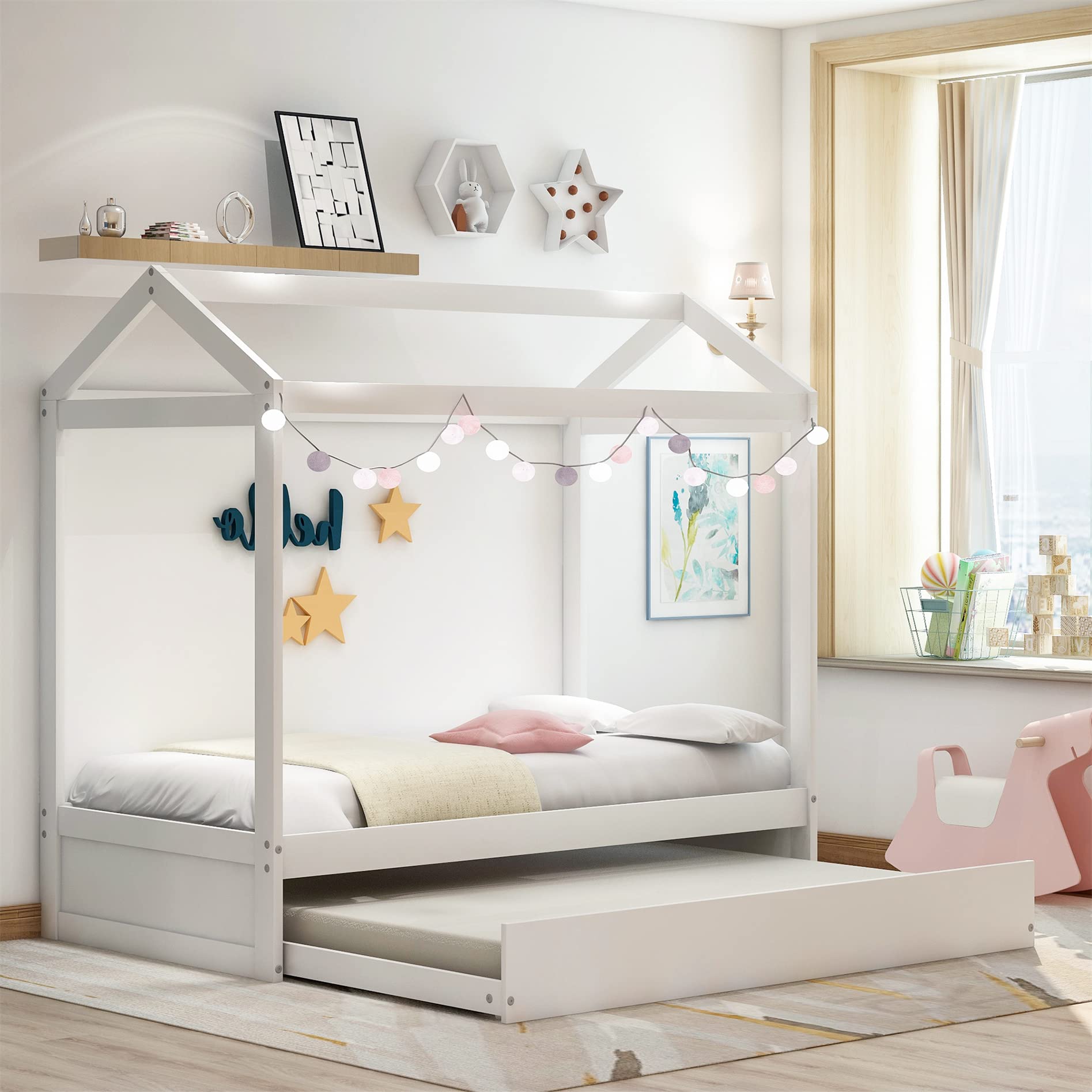 Harper & Bright Designs Twin House Bed Frame with Trundle - White Wooden Canopy Daybed for Kids & Teens, No Box Spring Needed | Perfect for Bedrooms, Playrooms & Sleepovers