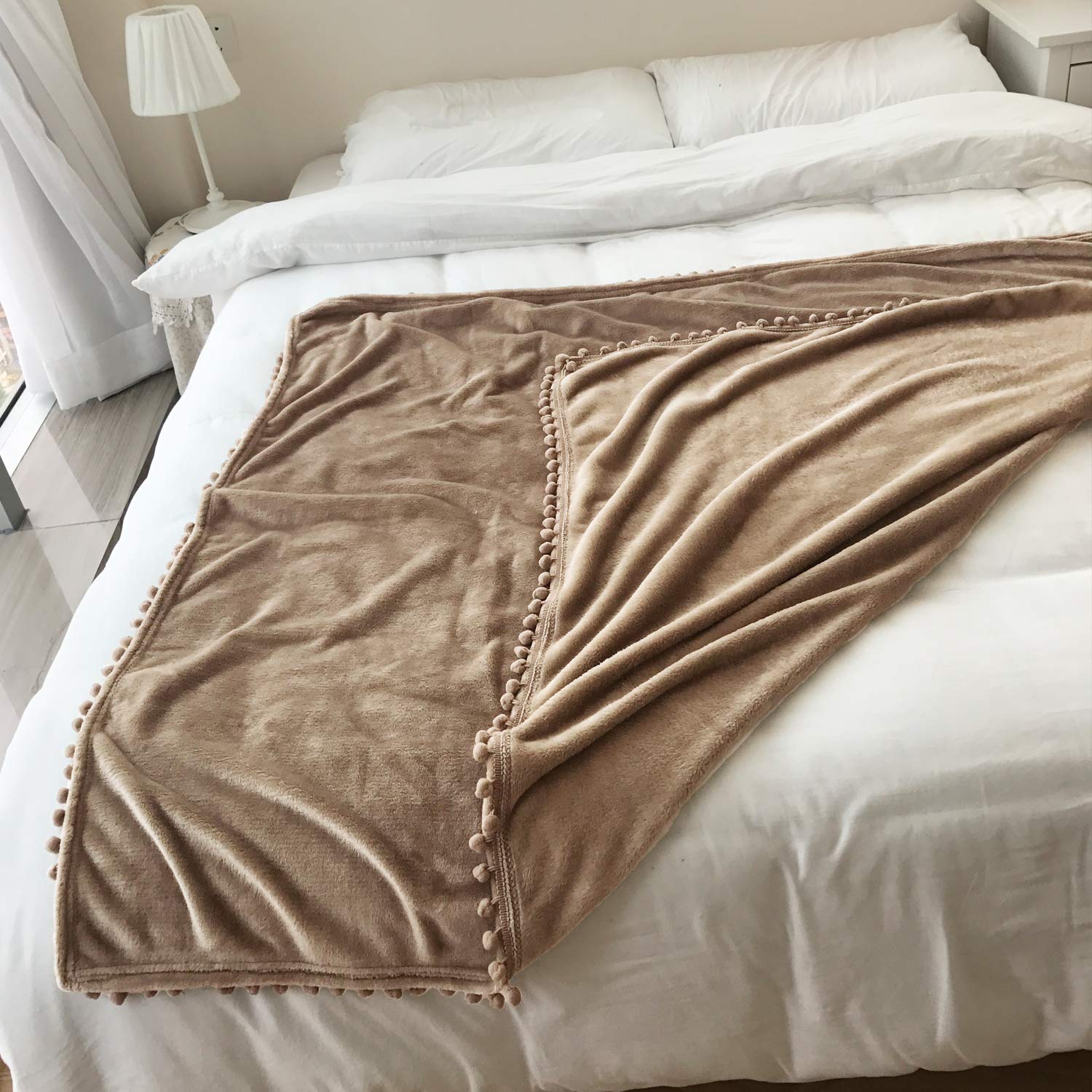 LOMAO Soft Flannel Blanket with Pompom Fringe - Lightweight & Cozy Throw Blanket for Bed, Couch, Sofa - All-Season Warmth (Khaki, 60''x80'') - Perfect for Lounging, Netflix Nights & Guest Bedrooms
