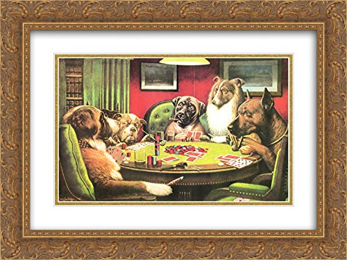 St. Bernard Bluffing - Dogs Playing Poker 22x16 Gold Framed Art Print by Cassius Coolidge - Vintage Bar Decor & Game Room Wall Art