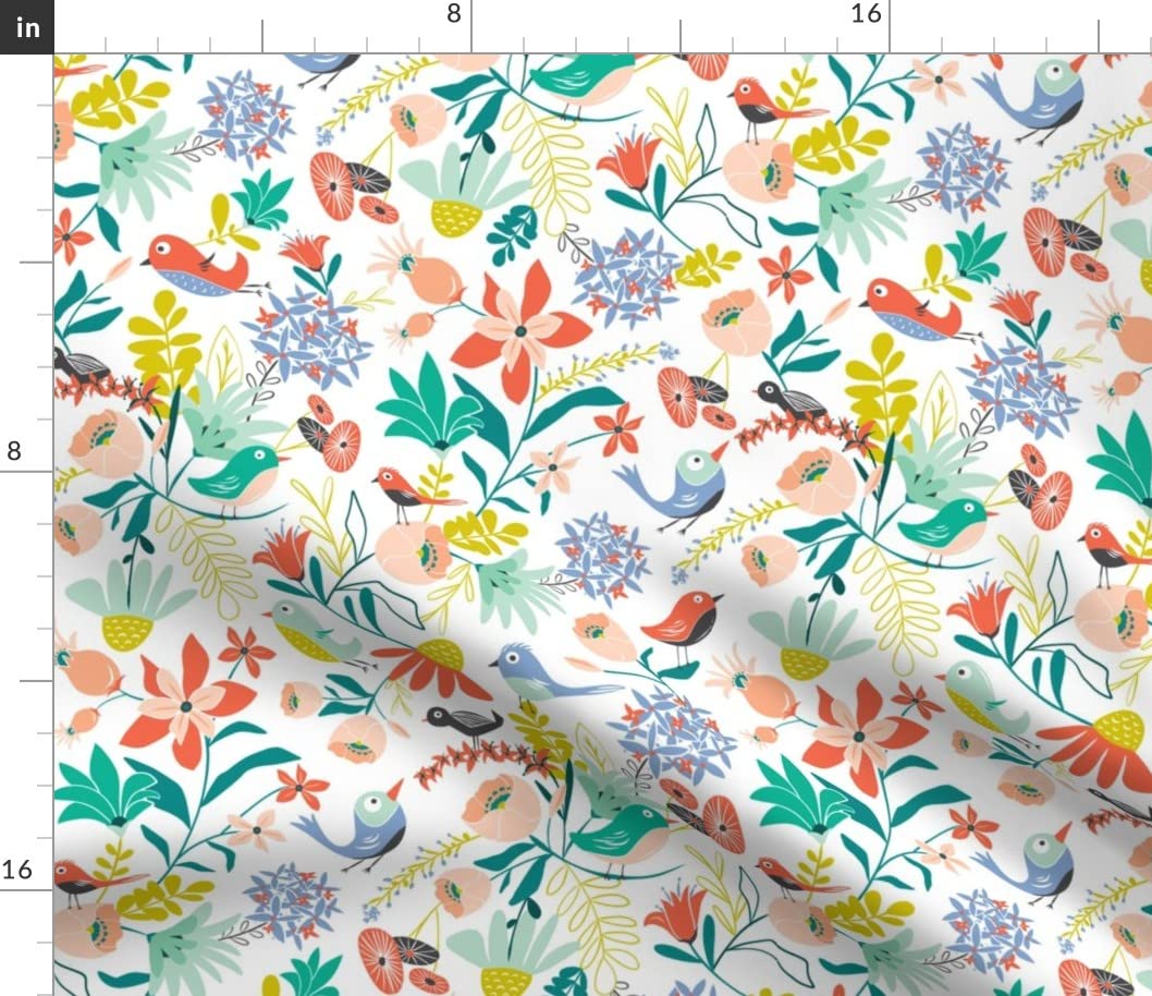 Garden Bird Floral Printed Cotton Fabric by The Yard - Spring Summer Chintz Design for Sewing, Quilting, Apparel & Home Decor | Perfect for DIY Crafts, Dresses, Curtains and Pillow Covers