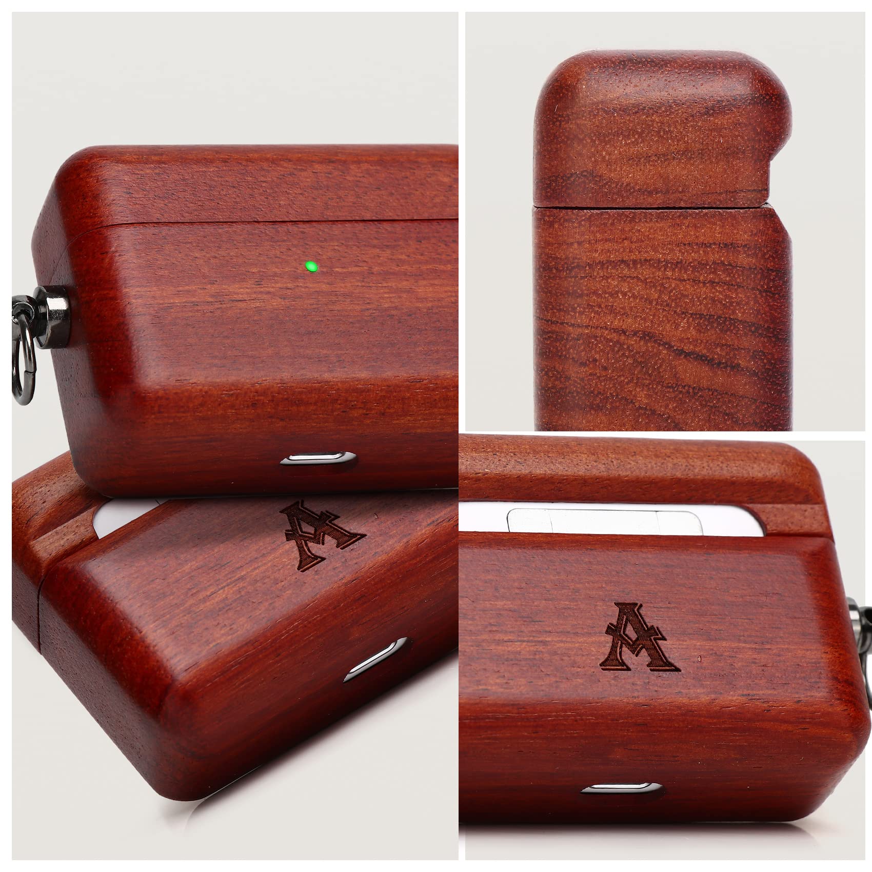 Wood AirPods Case for AirPods Pro - Protective Cover with Carabiner (Rose) for Travel & Outdoor