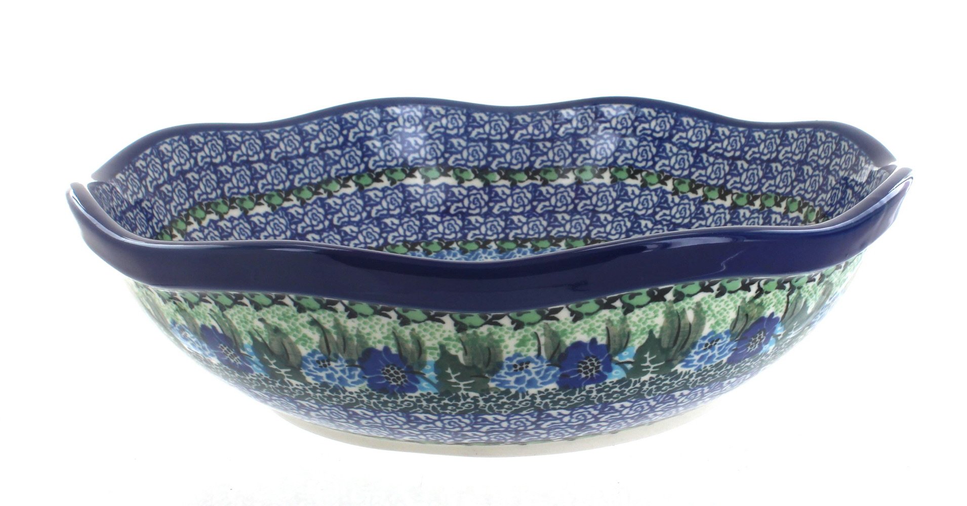 Blue Rose Polish Pottery Sapphire Fields Large Scallop Bowl - Handmade Ceramic Serving Dish for Soup, Salad, Pasta | Perfect for Dinner Parties, Home Decor & Gift Giving