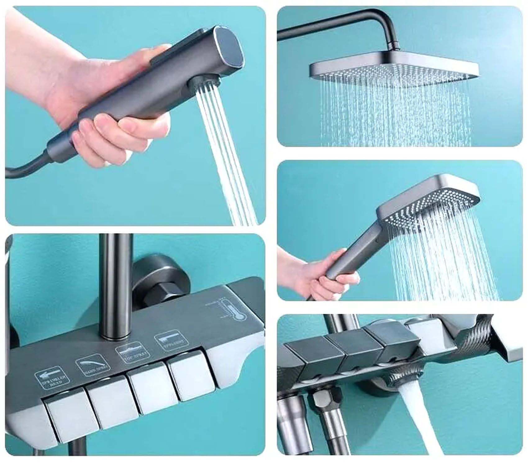 InArt Wall Mixer Shower Panel - SS304 Stainless Steel Thermostatic Shower System with Rainfall & Waterfall Modes, Gun Grey Finish, Easy Installation (Complete Set) - Perfect for Modern Bathrooms & Spa-Like Shower Experience