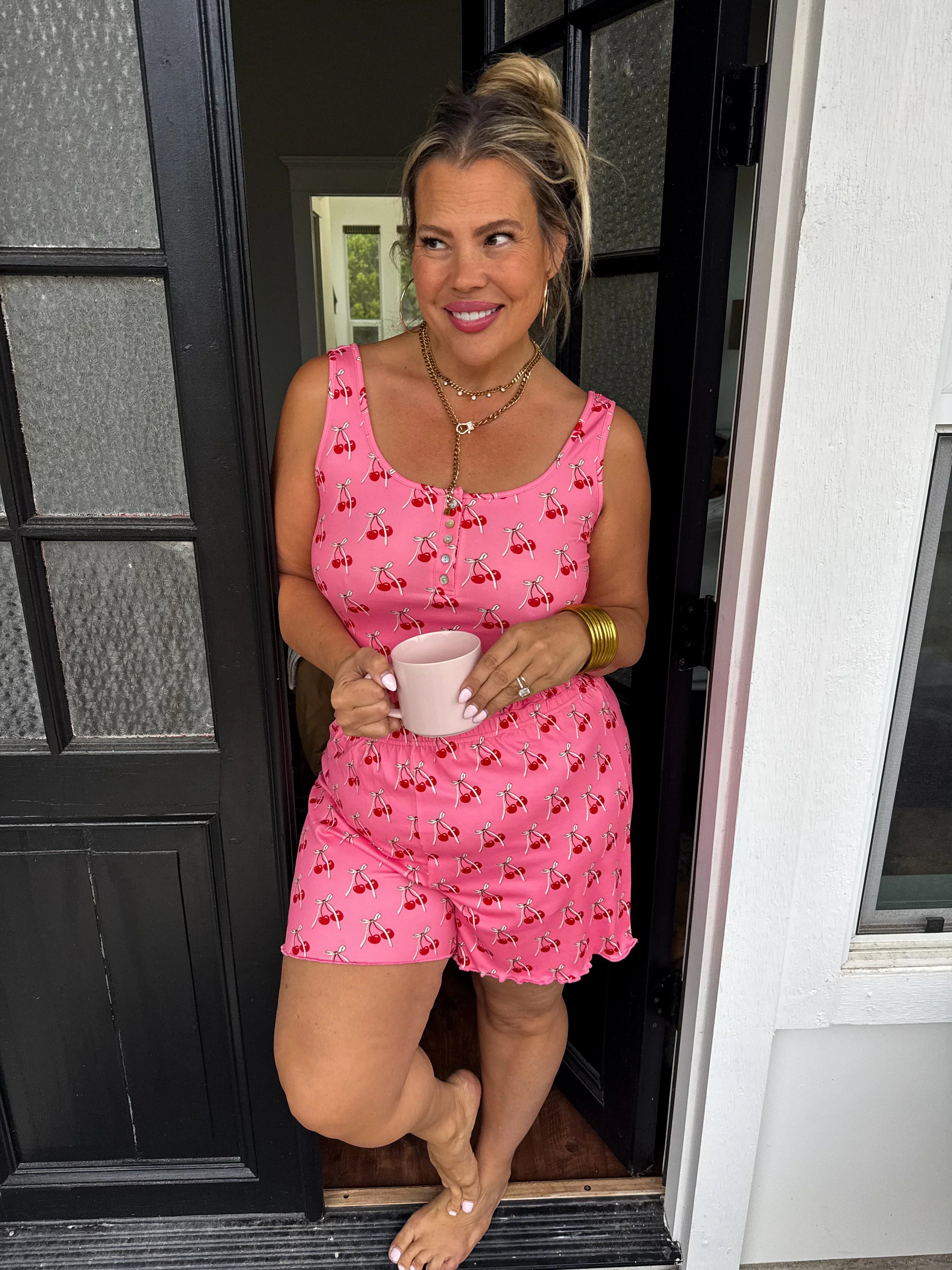 **PREORDER: Adorable Cherry & Bows Pajama Set for Women - Soft & Comfortable Sleepwear for Cozy Nights & Loungewear**