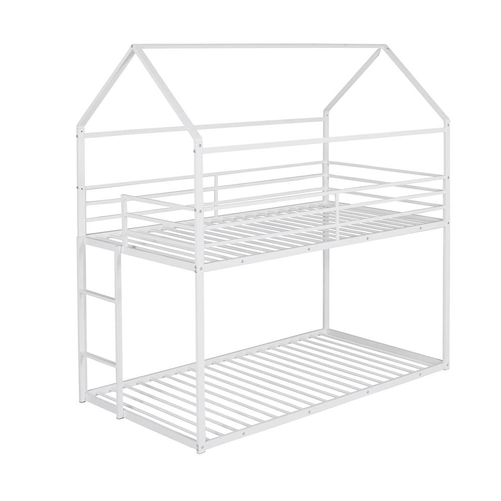 **Metal Twin Over Twin Low Bunk Bed with Roof - Full-Length Guardrail & Ladder - Space-Saving House Bed for Kids & Teens - No Box Spring Needed - White - Perfect for Small Rooms, Dormitories & Shared Kids' Bedrooms**