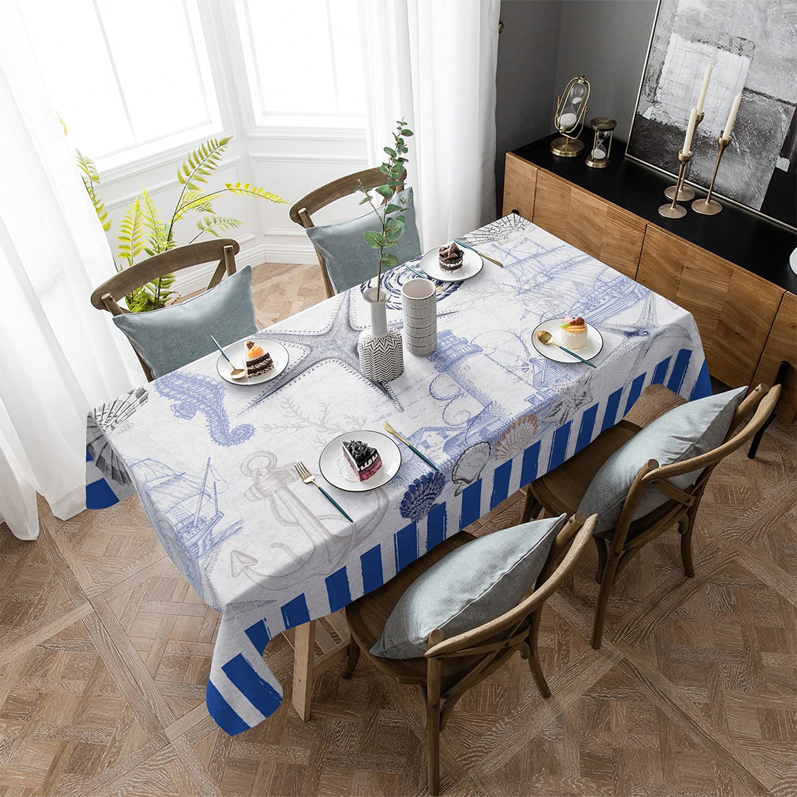 60x120 Inch Nautical Themed Polyester Tablecloth - Waterproof & Spillproof Dining Table Cover for Indoor/Outdoor Parties, Daily Use - Seashell, Starfish, Lighthouse, Seahorse Retro Blue Design | Perfect for Beach Weddings, Summer BBQs & Coastal Home Decor