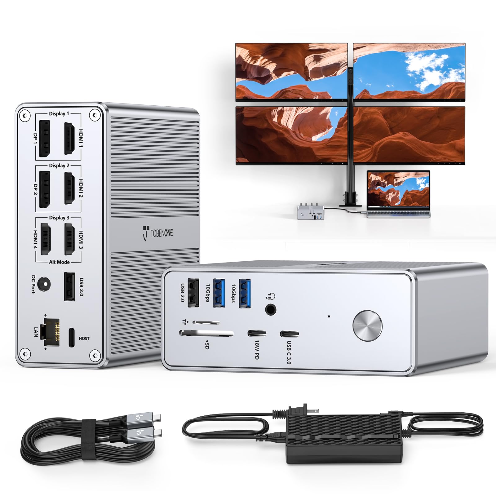 TobenONE 18-in-1 Quad Monitor Docking Station with 4 HDMI Ports, 120W Charger, USB-C Hub for Thunderbolt 4/3 - Compatible with Windows & MacBook (4 USB, 2 USB-C, Ethernet, SD/TF, Audio) - Perfect for Home Office, Gaming & Multi-Screen Workstations