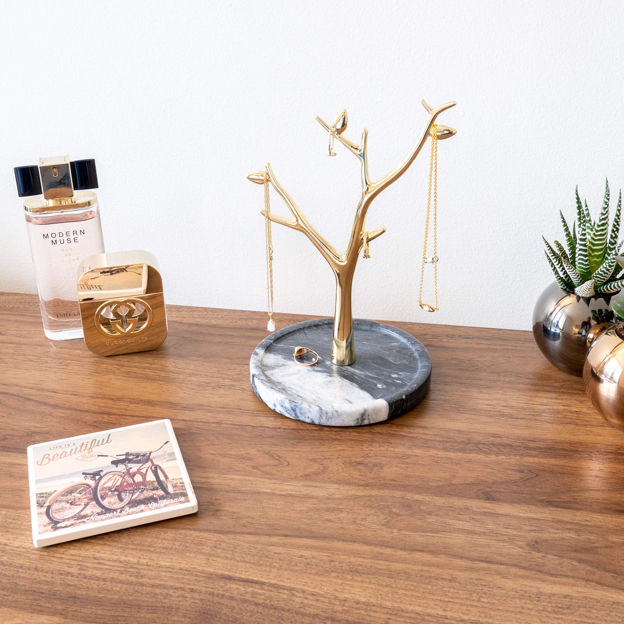 Marble Jewelry Tree - Stylish Gold Necklace Holder & Jewelry Organizer for Necklaces & Rings - Grey Jewelry Stand for Bedroom Vanity or Gift