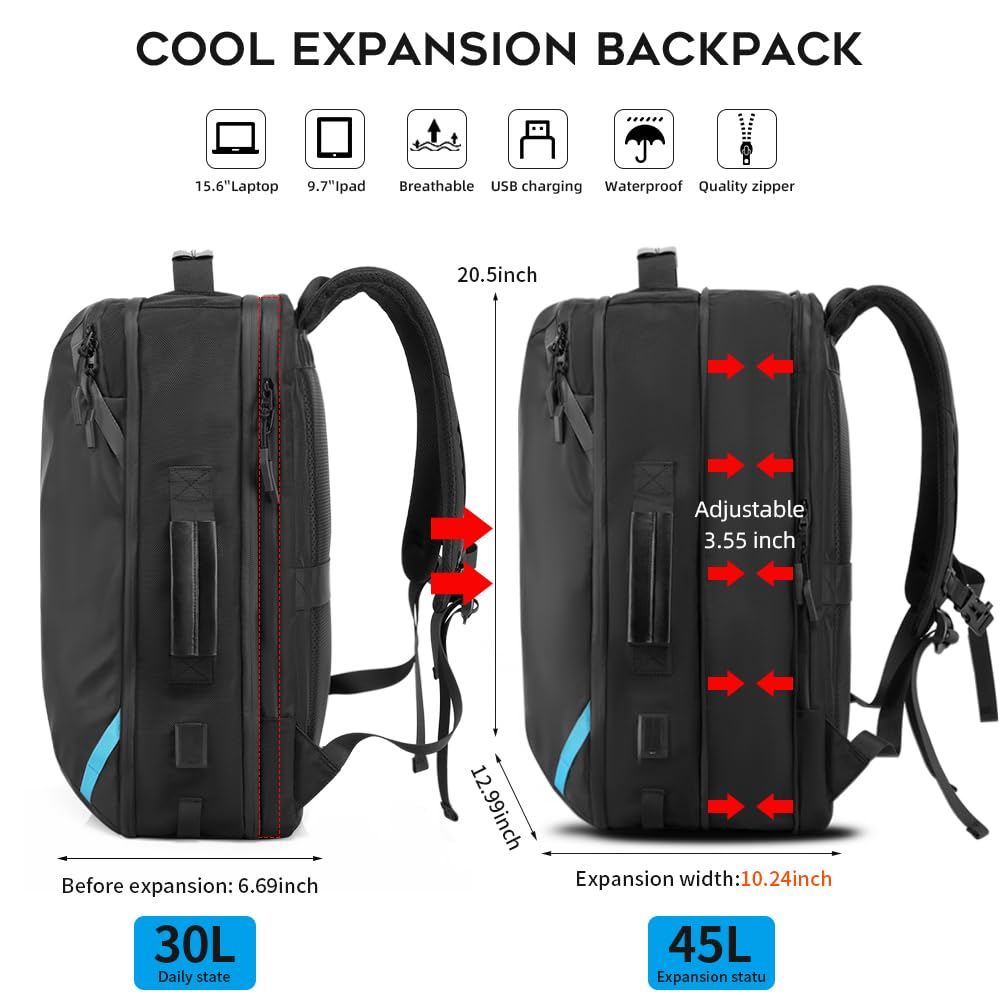 Vacuum Compression Backpack with Pump - 45L Expandable Travel Backpack for Men & Women | Water Resistant 17.3