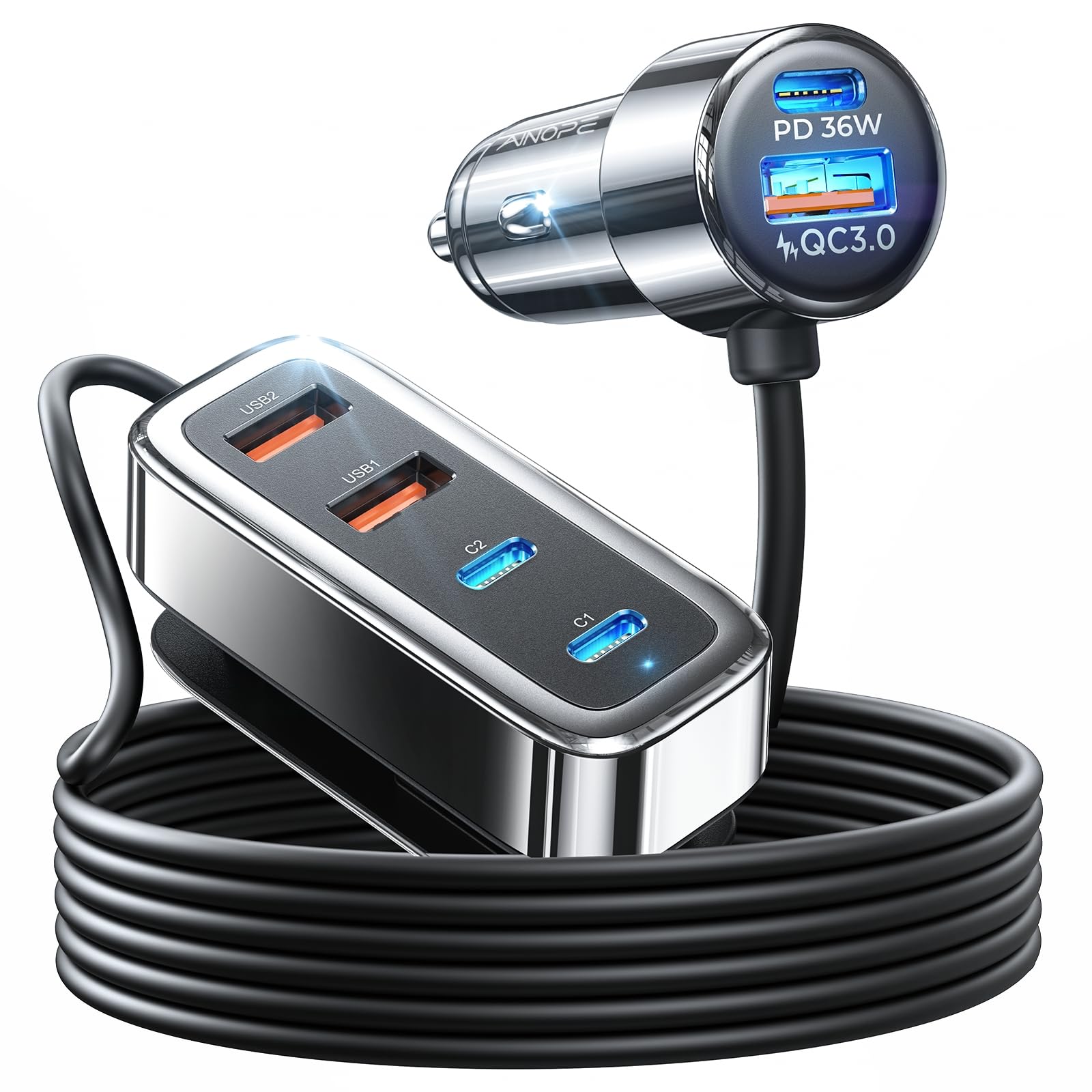 AINOPE 108W USB C Car Charger with 6 Fast Charging Ports - Multi-Device Car Charger for iPhone 16/15 Pro Max/14, iPad, Galaxy S24/S25, Tablets - Perfect for Road Trips, Family Travel & Long Commutes
