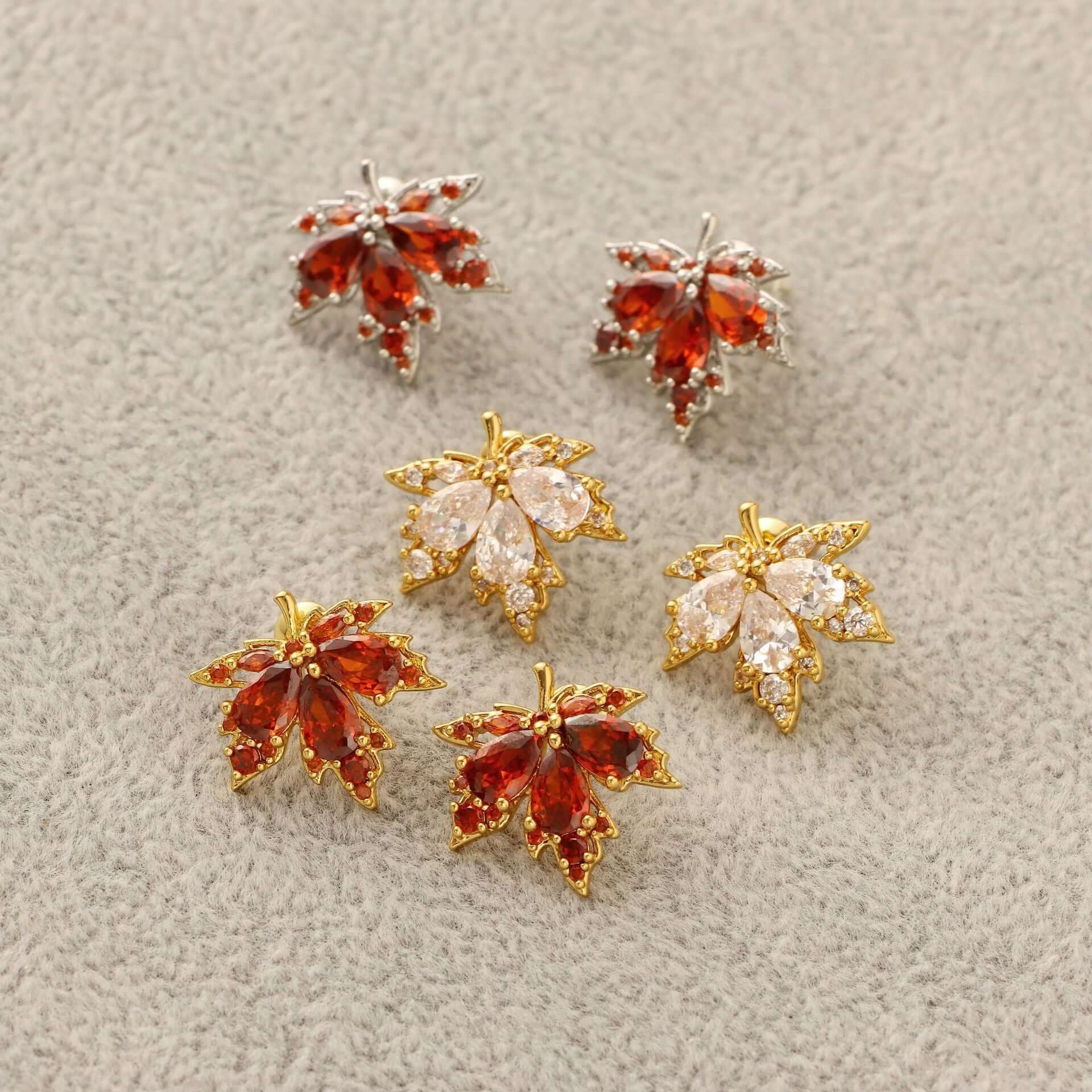 Trendy Red Diamond Leaf Stud Earrings for Women - Elegant Fashion Jewelry Gift for Parties, Weddings & Daily Wear