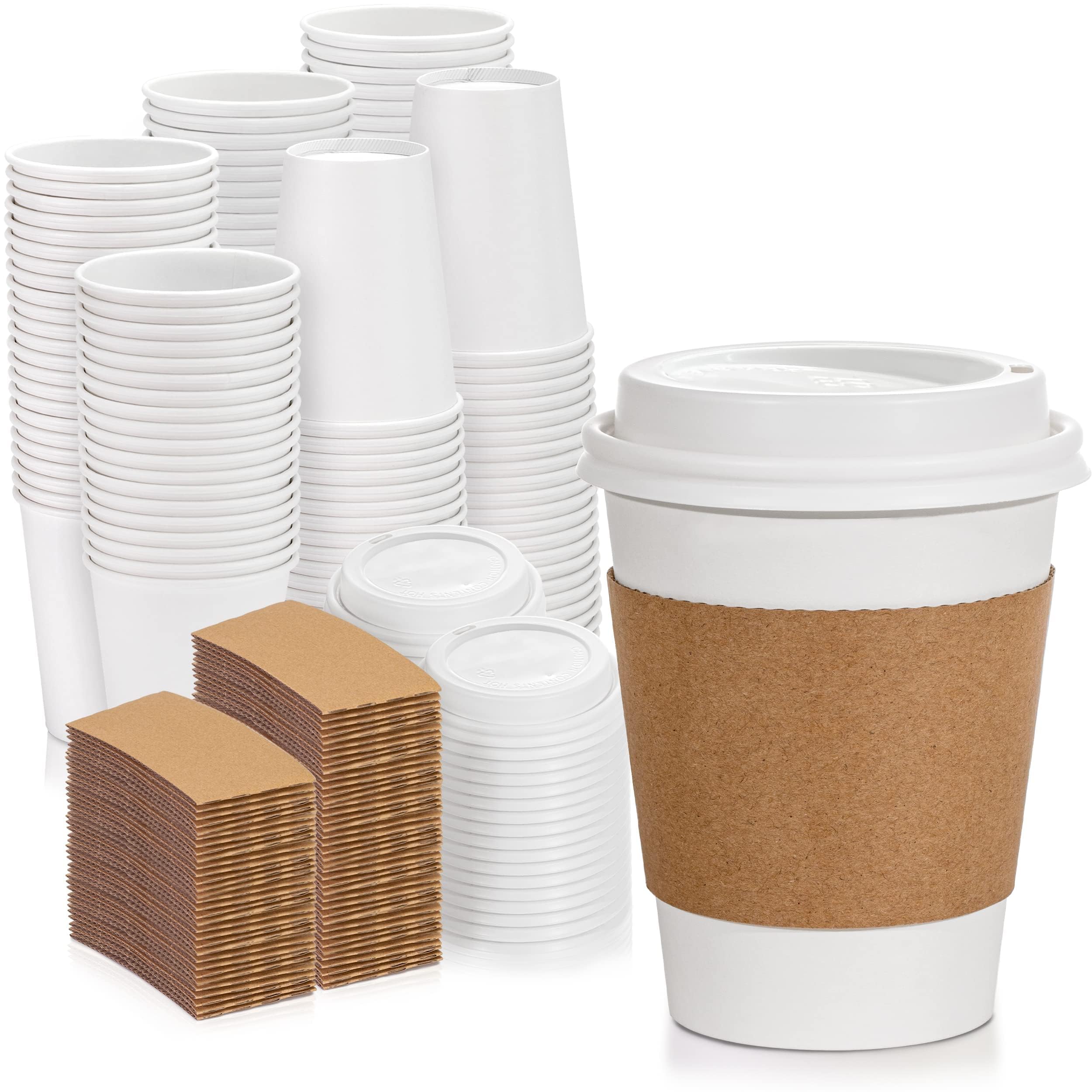 500 Pack 12oz Disposable Coffee Cups with Lids & Sleeves - Leak-Proof To-Go Hot Paper Cups for Coffee, Tea, Hot Chocolate - Ideal for Home, Office, Cafes, Parties & Food Businesses - BPA-Free & Eco-Friendly