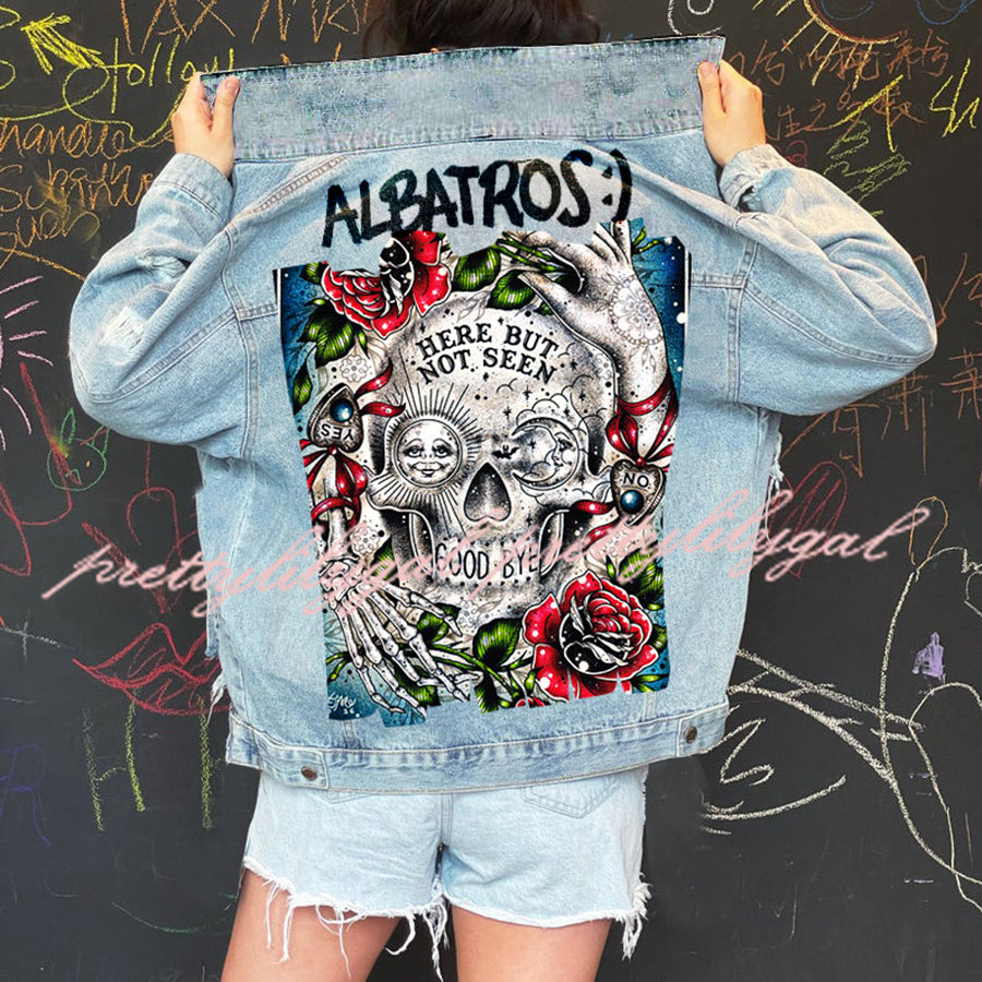 Halloween Print Long Sleeve Denim Jacket for Women - Vintage Distressed Denim Coat with Spooky Designs - Perfect for Halloween Costumes, Fall Fashion & Party Outfits