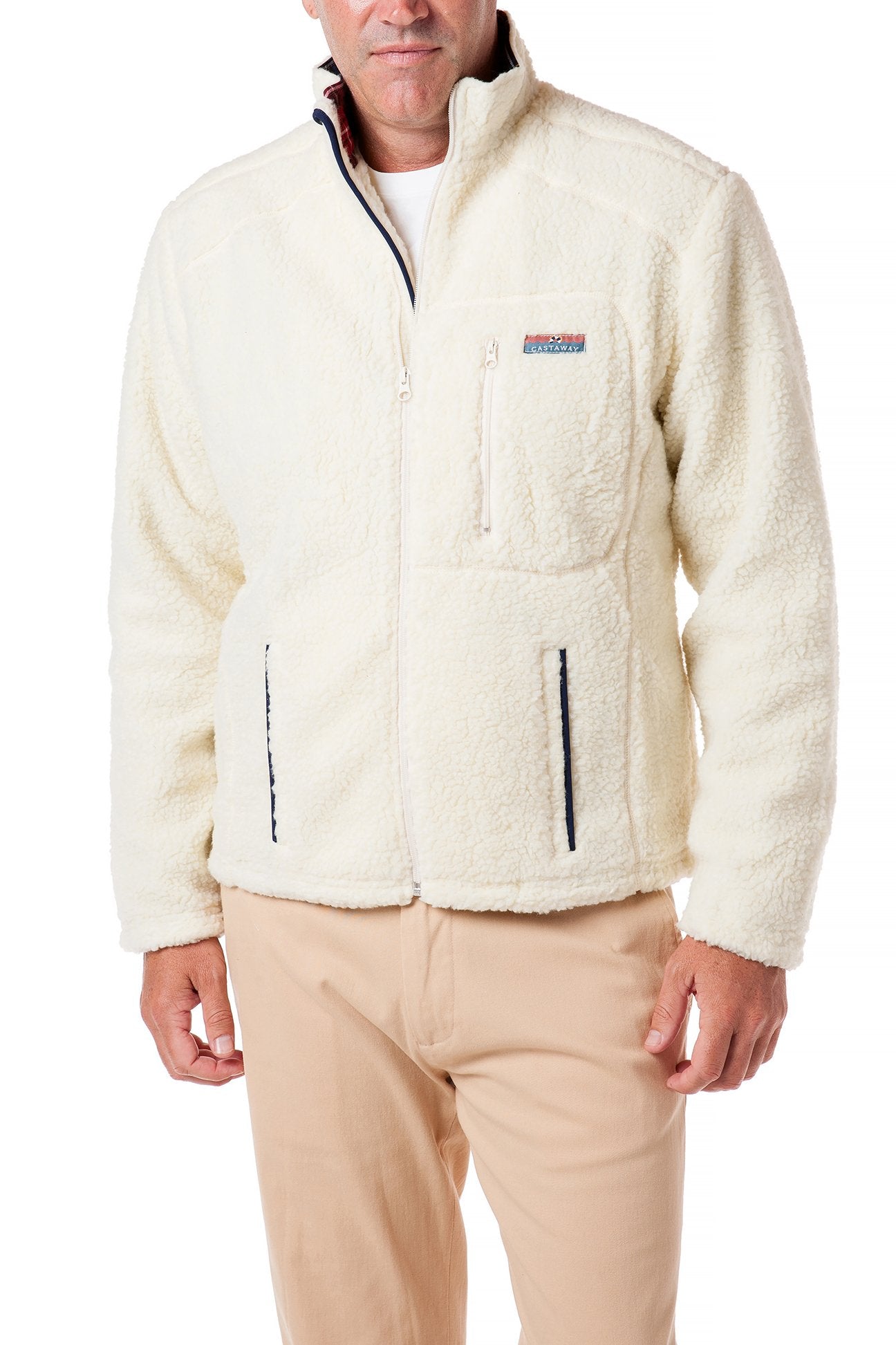 Sherpa Jacket for Women - Ivory Fleece Coat with Black Stewart Plaid Lining | Warm Winter Outerwear for Hiking, Camping & Casual Wear