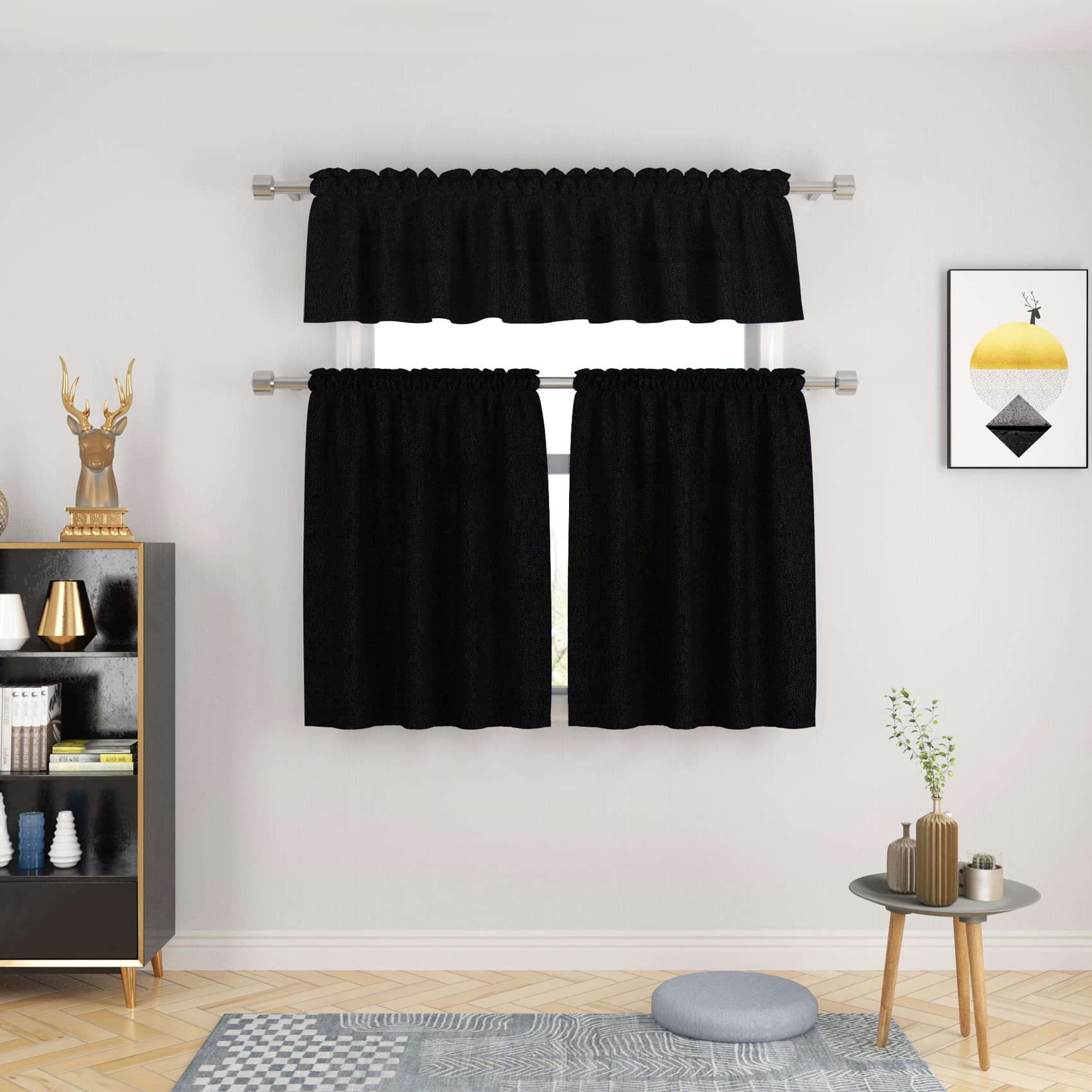 UPOPO 18 Inch Black Linen Textured Valance Curtain - Rod Pocket Window Topper for Kitchen, Living Room, Bedroom - 1 Panel 54