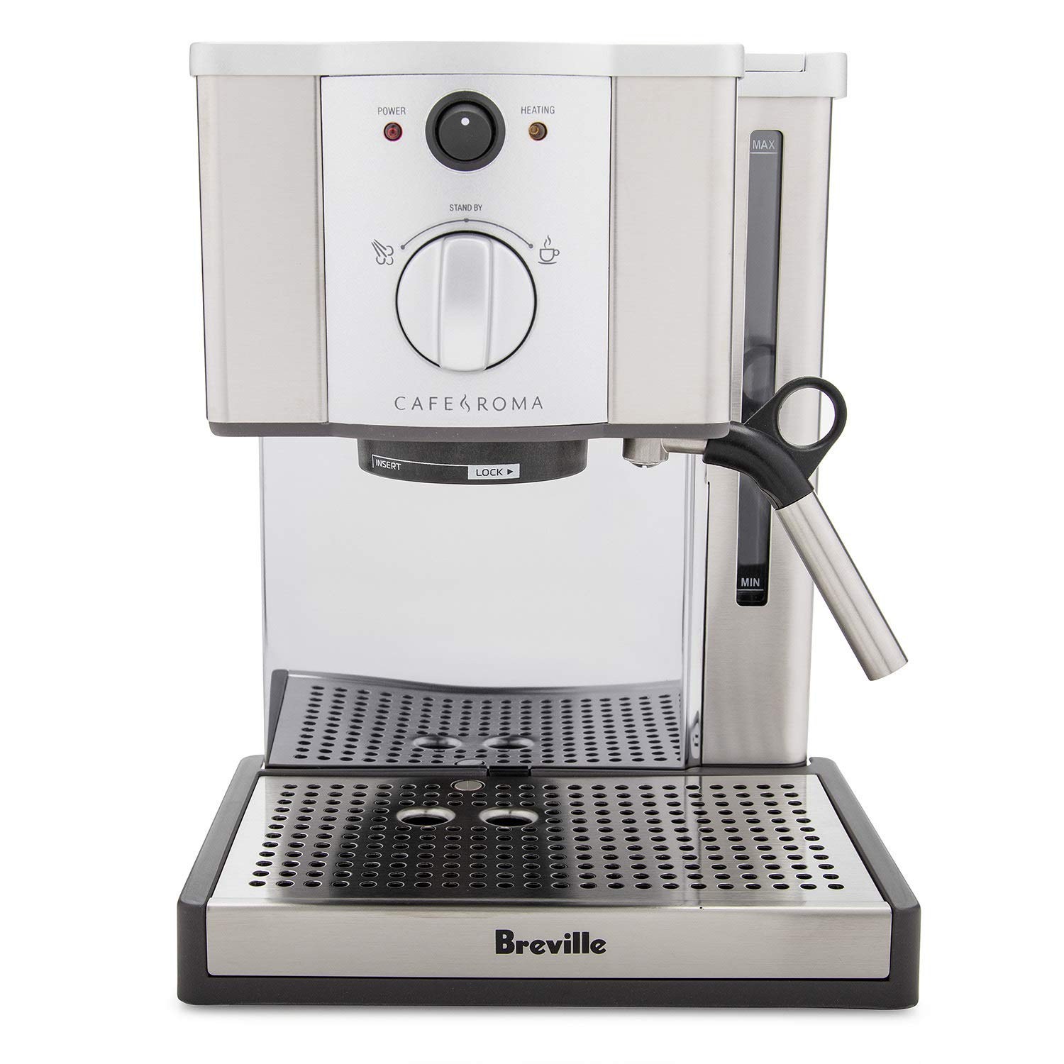 Breville ESP8XL Cafe Roma Stainless Steel Espresso Machine - 15 Bar Pump, Milk Frother, Compact 9x9x12 Inches for Home & Office Use - Silver