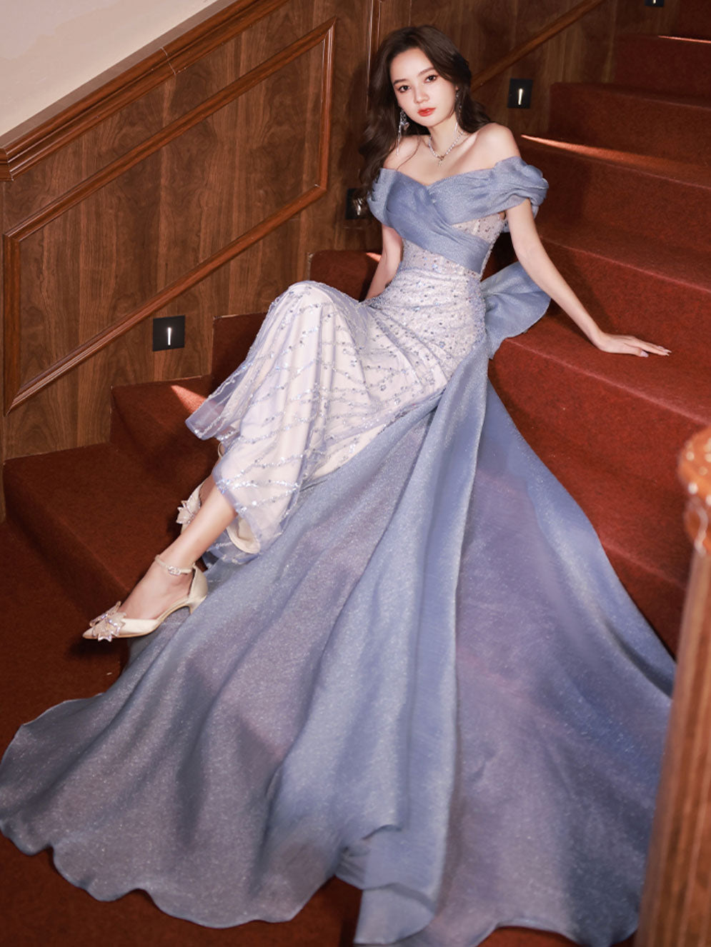 Elegant Blue Off Shoulder Tulle Sequin Mermaid Long Prom Dress for Women - Perfect for Formal Dances, Evening Gala & Special Occasions