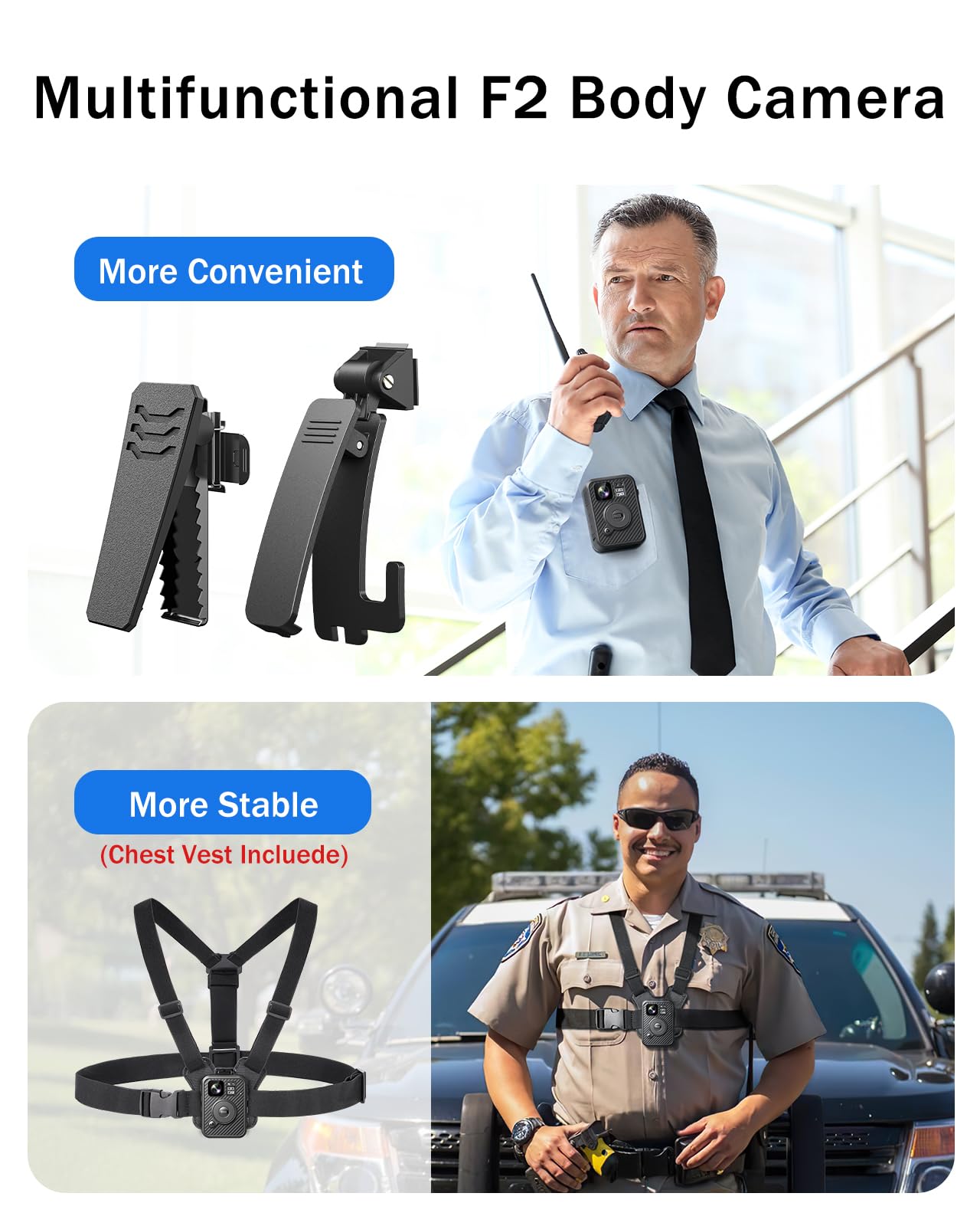 BOBLOV F2 Dual-Screen Body Camera 128GB with GPS, 2K HD Video Recording - Wearable Security Camera for Police, Security Guards & Delivery Personnel - Ideal for Law Enforcement, Night Patrols & Package Tracking