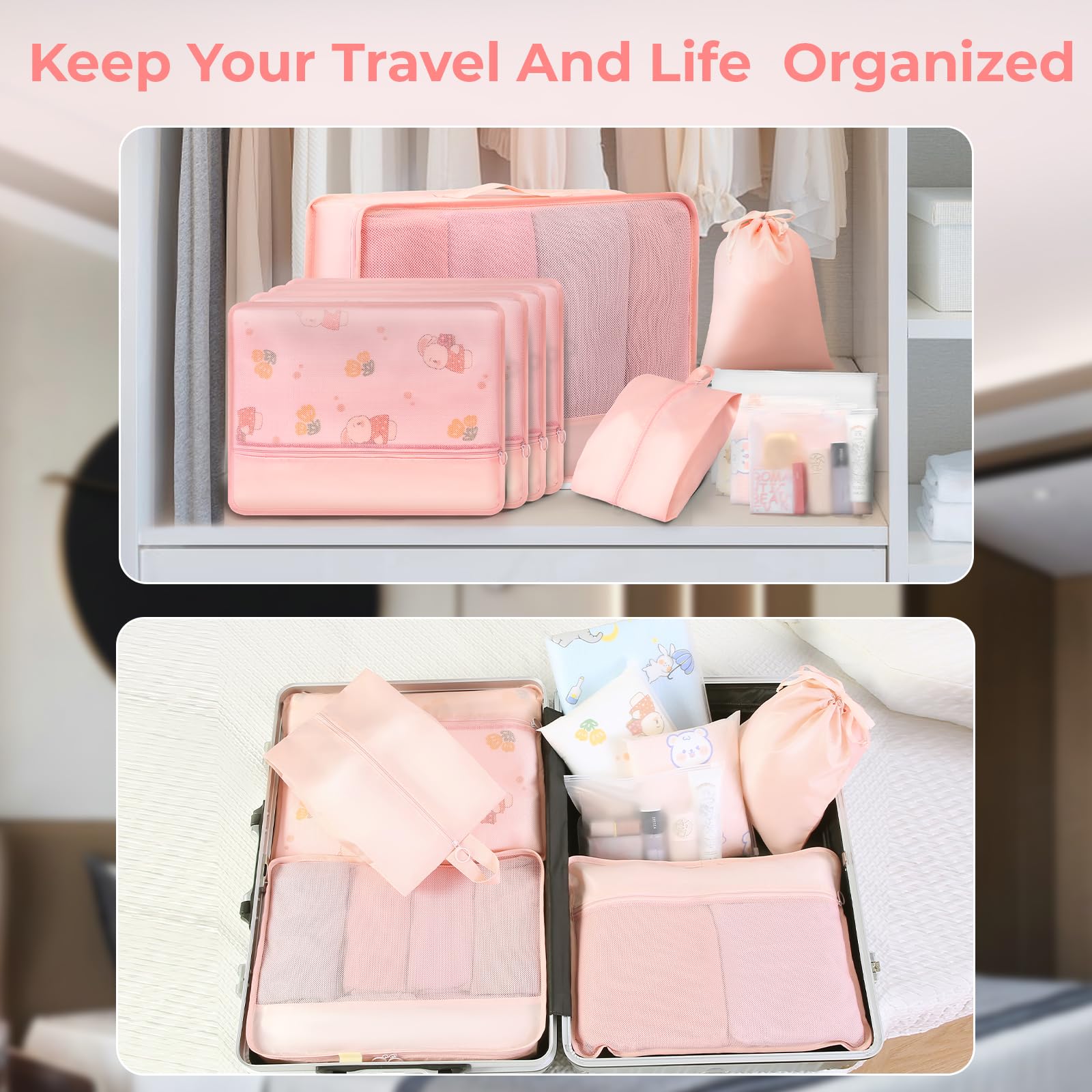 11-Piece Travel Packing Cubes Set - Durable Suitcase Organizer with Separate Compartments for Clean & Dirty Clothes | Perfect for Business Trips, Vacations & Backpacking (Pink)