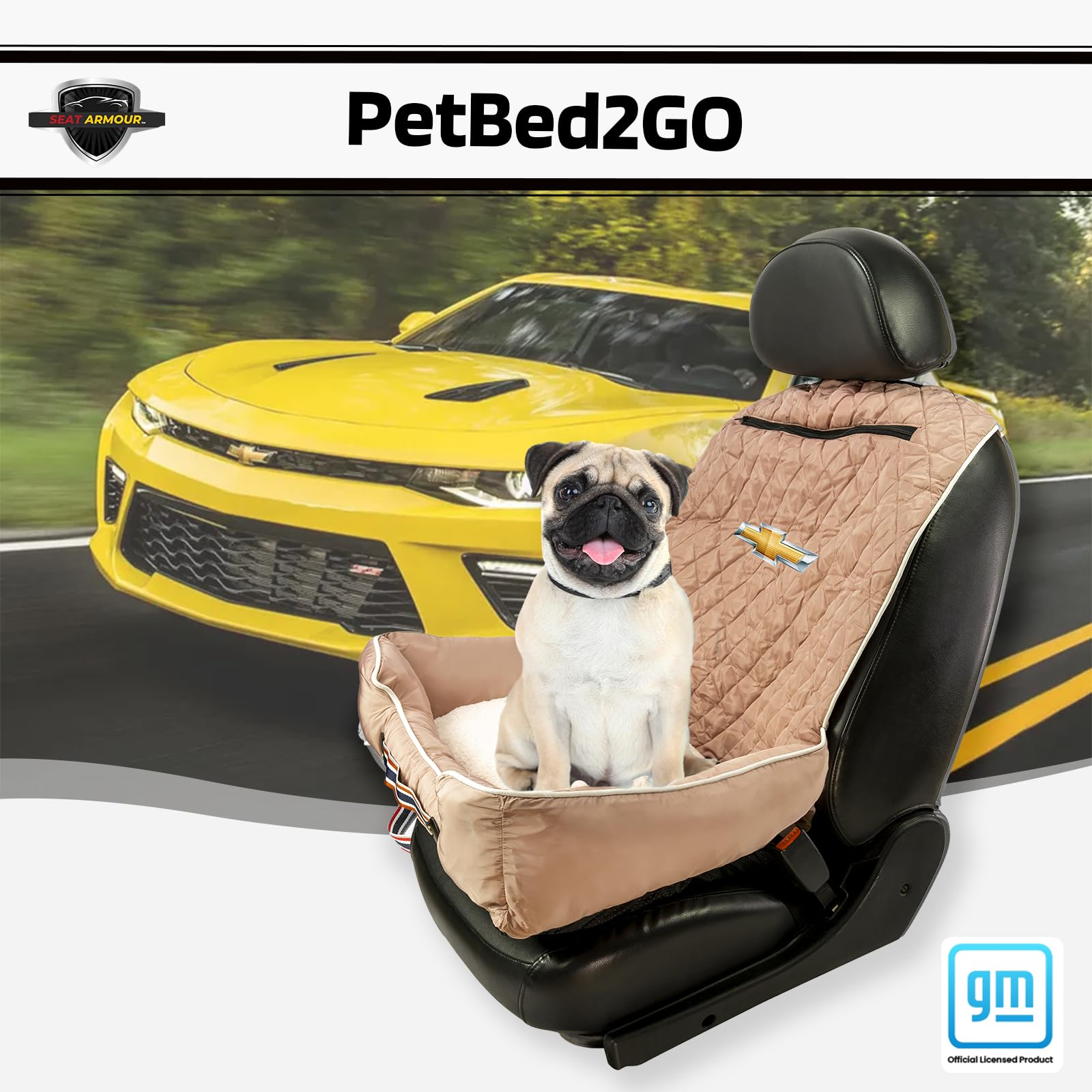 Seat Armour Chevrolet PetBed2GO Dog Car Seat Cover – 2-in-1 Pet Bed & Car Seat Protector – Waterproof, Non-Slip, Full Protection for Pets – 26x20x6 inches, 3.5 lbs, Tan – Perfect for Travel, Road Trips & Daily Commutes with Your Dog