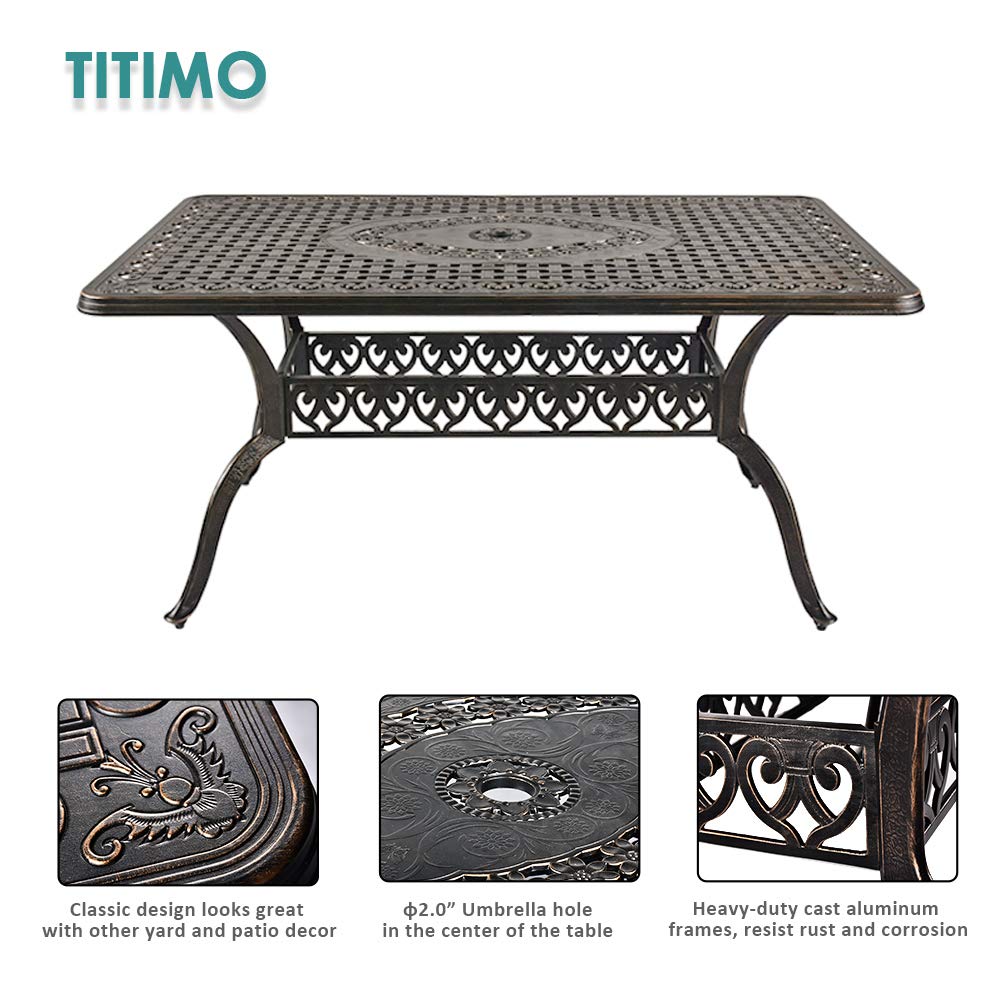 TITIMO 7-Piece Outdoor Dining Set - All-Weather Cast Aluminum Patio Furniture with 6 Chairs & 1 Rectangle Table (Umbrella Hole Included) for Garden, Deck, Backyard - Perfect for Outdoor Entertaining & Relaxation