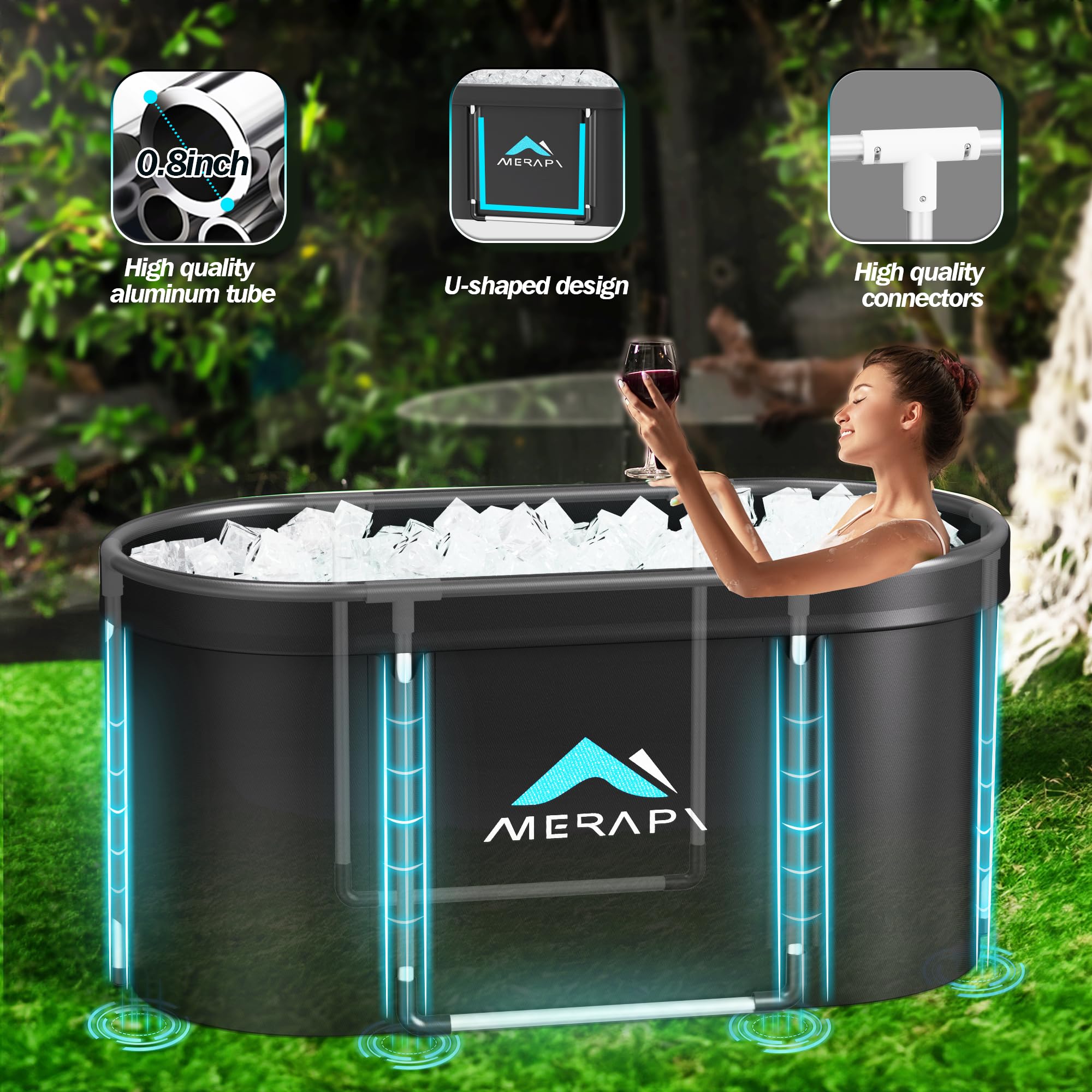 Merapi XL 131 Gallon Large Oval Ice Bath Tub for Athletes - Portable Cold Plunge Tub for Muscle Recovery, Foldable Multi-Layered Design - Perfect for Home Gyms, Outdoor Use & Family Wellness (Indoor/Outdoor Cold Therapy)
