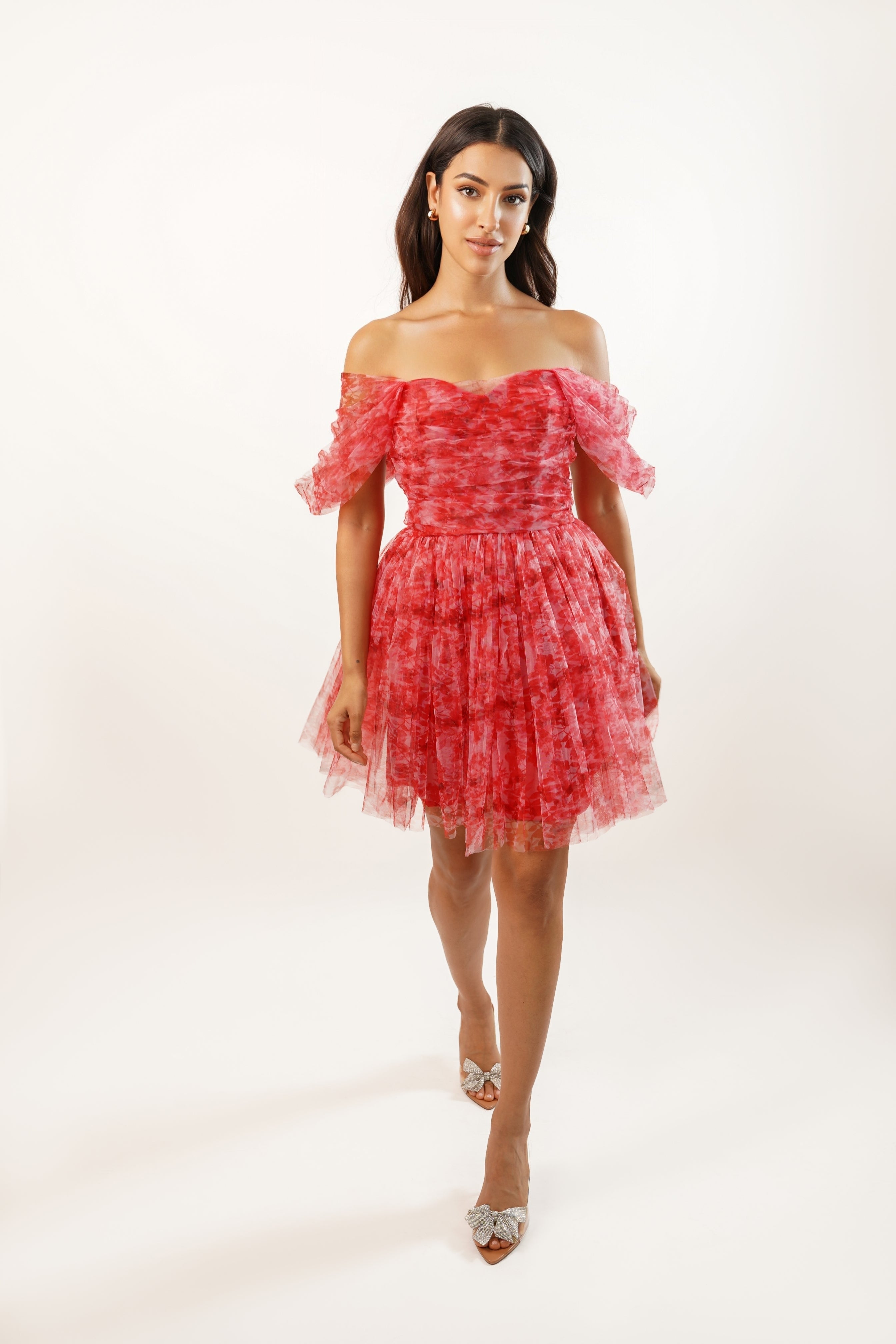 Sydney Red Printed Tulle Mini Dress - Elegant Party Cocktail Dress for Women, Perfect for Weddings, Prom, Date Night & Special Occasions