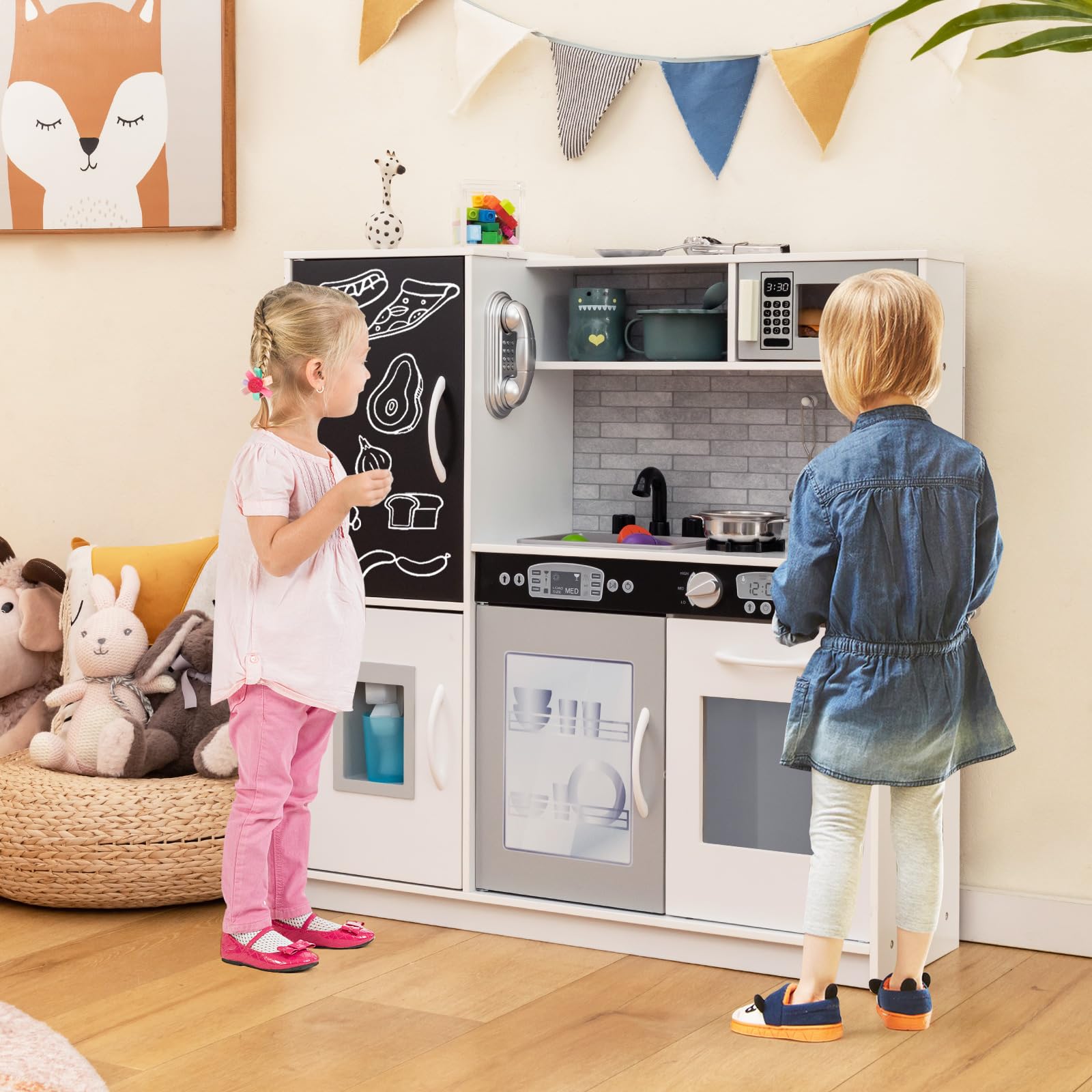 Costzon Wooden Kids Kitchen Playset with Blackboard, Telephone, Microwave & More - Pretend Play Kitchen Toy for Toddlers & Preschoolers Ages 3+ (Grey) | Perfect for Role Play, Birthday Gifts & Early Learning Development