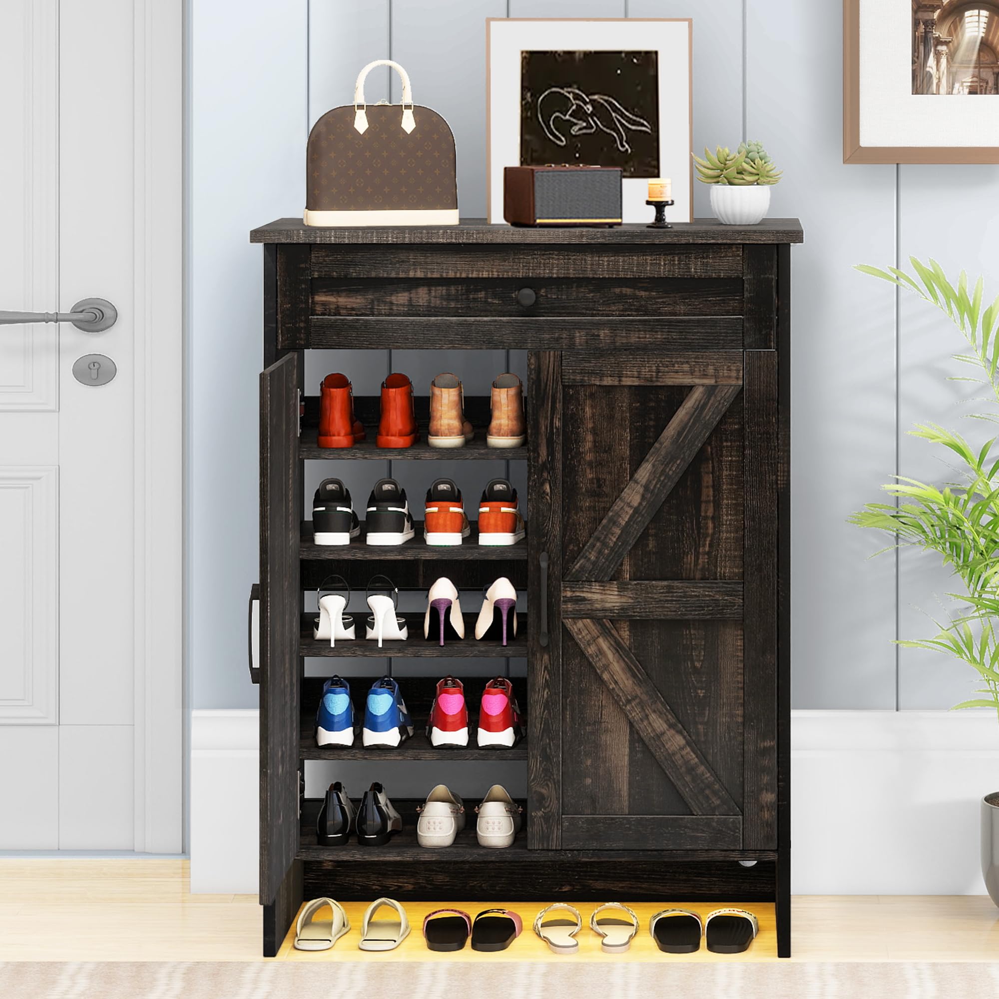 DWVO 6-Tier Shoe Storage Cabinet with Doors & Drawer - Adjustable Shelves Shoe Organizer for Entryway, Hallway & Living Room - Dark Rustic Oak Finish - Perfect for Small Spaces & Closet Organization