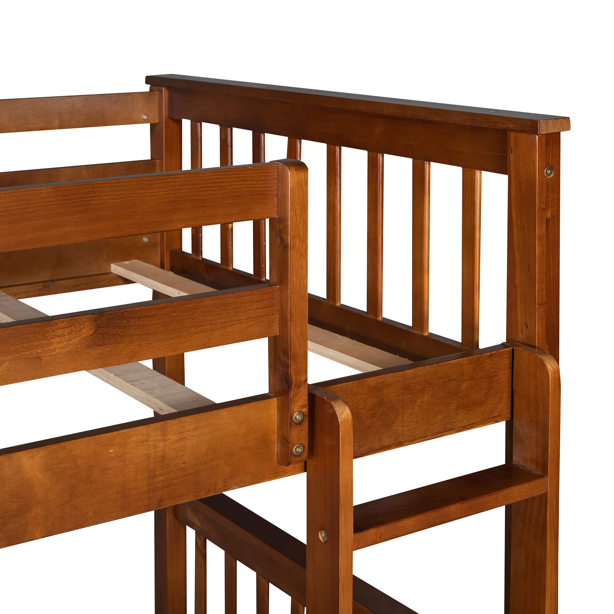 P PURLOVE Twin Over Twin Bunk Bed with 2 Drawers & Ladder - Convertible to 2 Separate Twin Beds - Solid Wood Frame with Slat Support - No Box Spring Needed - Walnut Finish - Perfect for Kids' Rooms, Guest Rooms & Space-Saving Bedroom Solutions