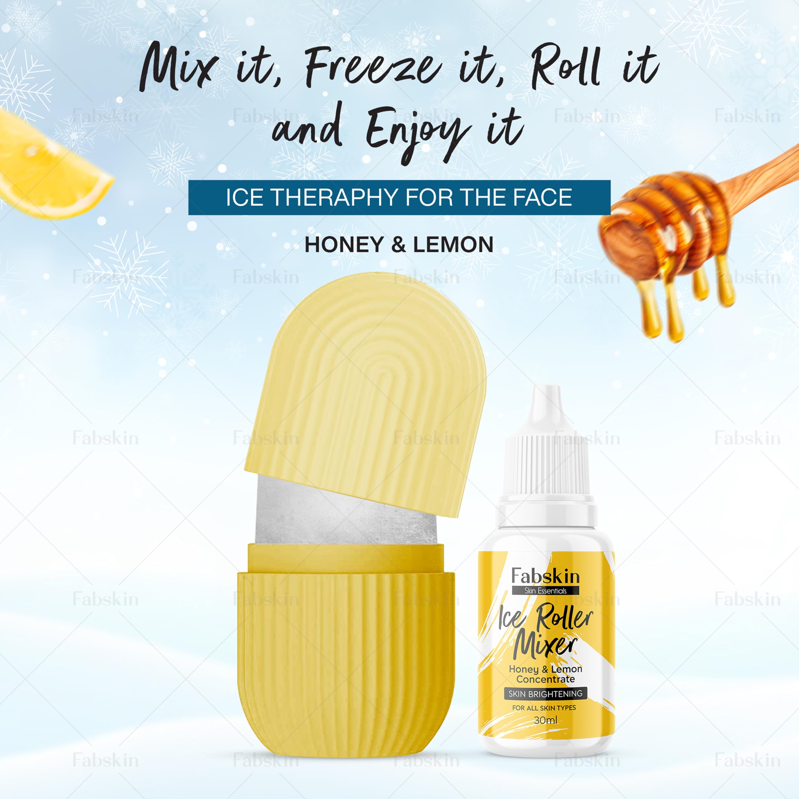 Fabskin Ice Roller for Face, Neck & Body - Cooling Facial Massager with Lemon Honey Serum (30ml) | Skin Soothing & Moisturizing Ice Cube Roller Kit for Men & Women | Perfect for Puffiness Relief, Post-Workout Recovery & Morning Skincare Routine