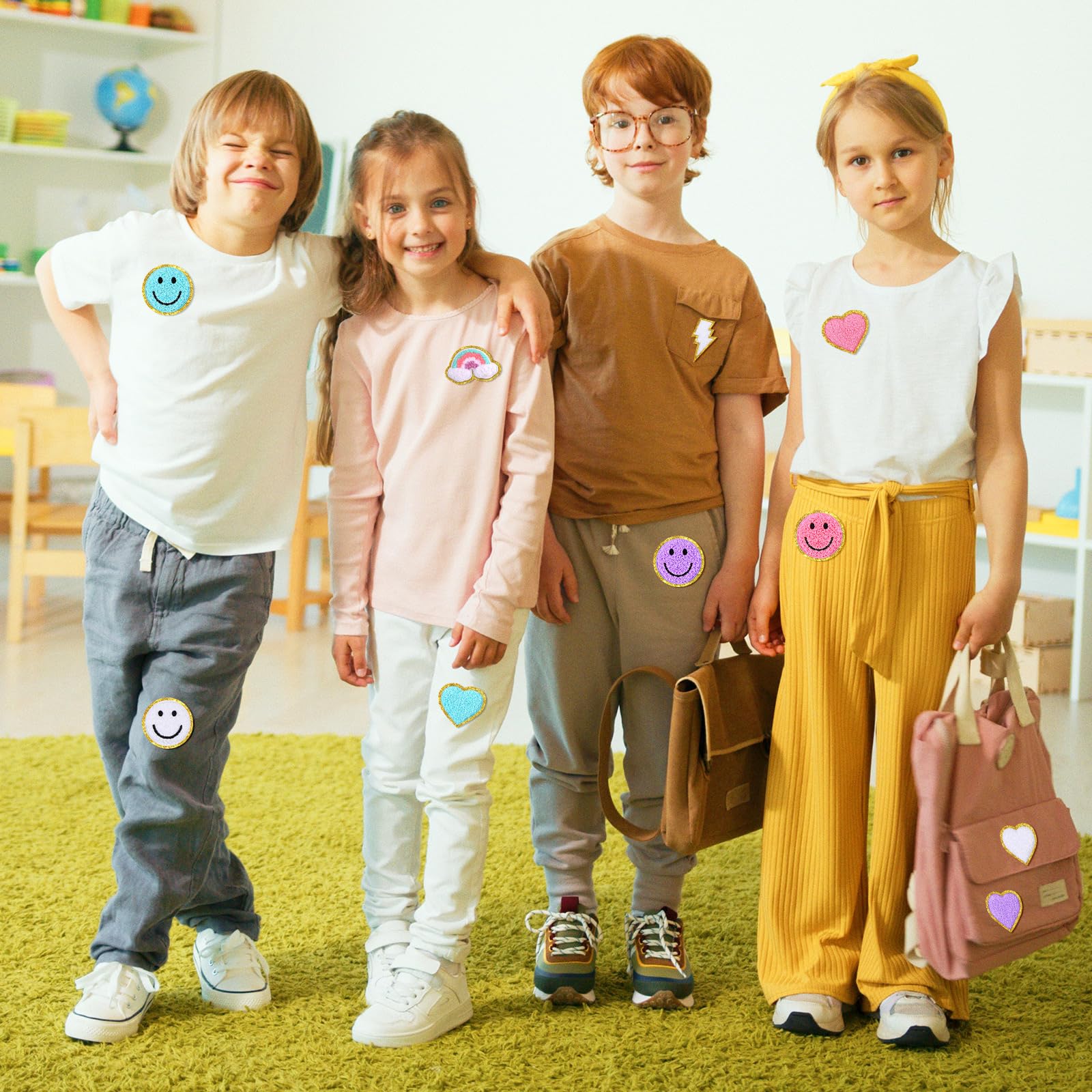 80 Pcs 3D Cute Embroidered Iron-On Patches - Rainbow, Lightning, Smile Face & Heart Designs - Self-Adhesive Fabric Applique for DIY Clothing, Jackets, Jeans (Multiple Styles) - Perfect for Customizing Kids' Outfits, Denim Jackets & Backpacks