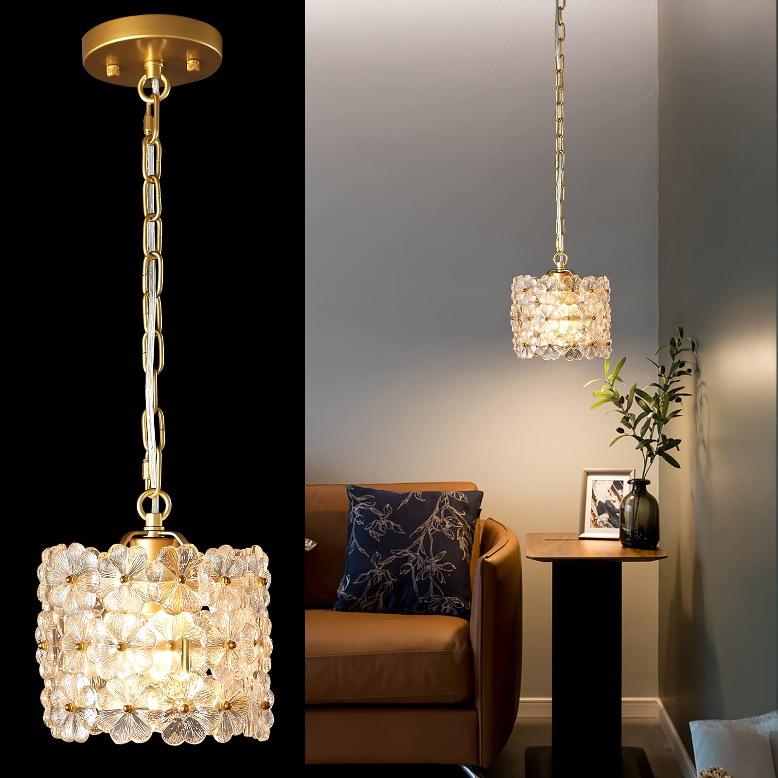 Modern Gold Crystal Pendant Light - Adjustable Hanging Ceiling Fixture for Kitchen Island, Dining Room, Living Room & Bedroom | Elegant Home Lighting Decor for Dinner Parties & Cozy Nights