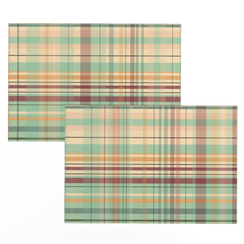 Premium Linen Cotton Canvas Placemats Set of 2 - Soft Plaid Print in Earthy Warm Tones & Pink Aqua - Washable Table Mats for Dining, Kitchen Decor, and Holiday Entertaining