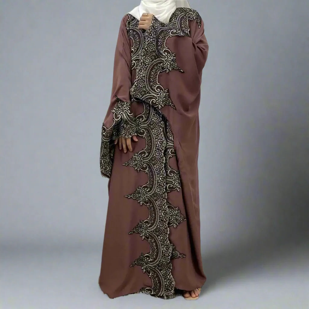 Elegant Lace Batwing Sleeve Muslim Women's Cardigan Farasha Open Abaya Dress - Modest Islamic Fashion for Prayer, Eid & Special Occasions