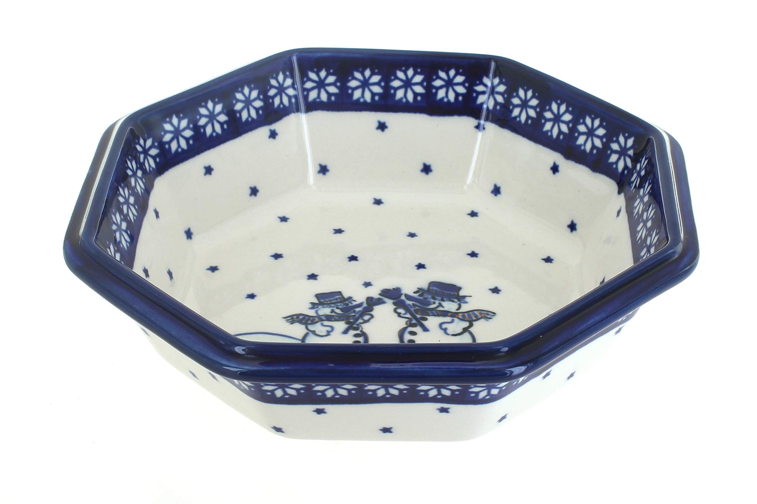 Blue Rose Polish Pottery Frosty Friend Large Octagonal Bowl - Handcrafted Ceramic Serving Dish for Soup, Salad & Holiday Decor