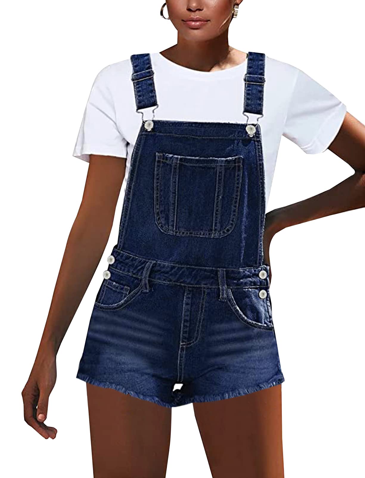 Women's Stretch Denim Bib Overalls Shorts with Adjustable Straps & Raw Hem - Casual Summer Romper for Outdoor Activities, Music Festivals & Street Style